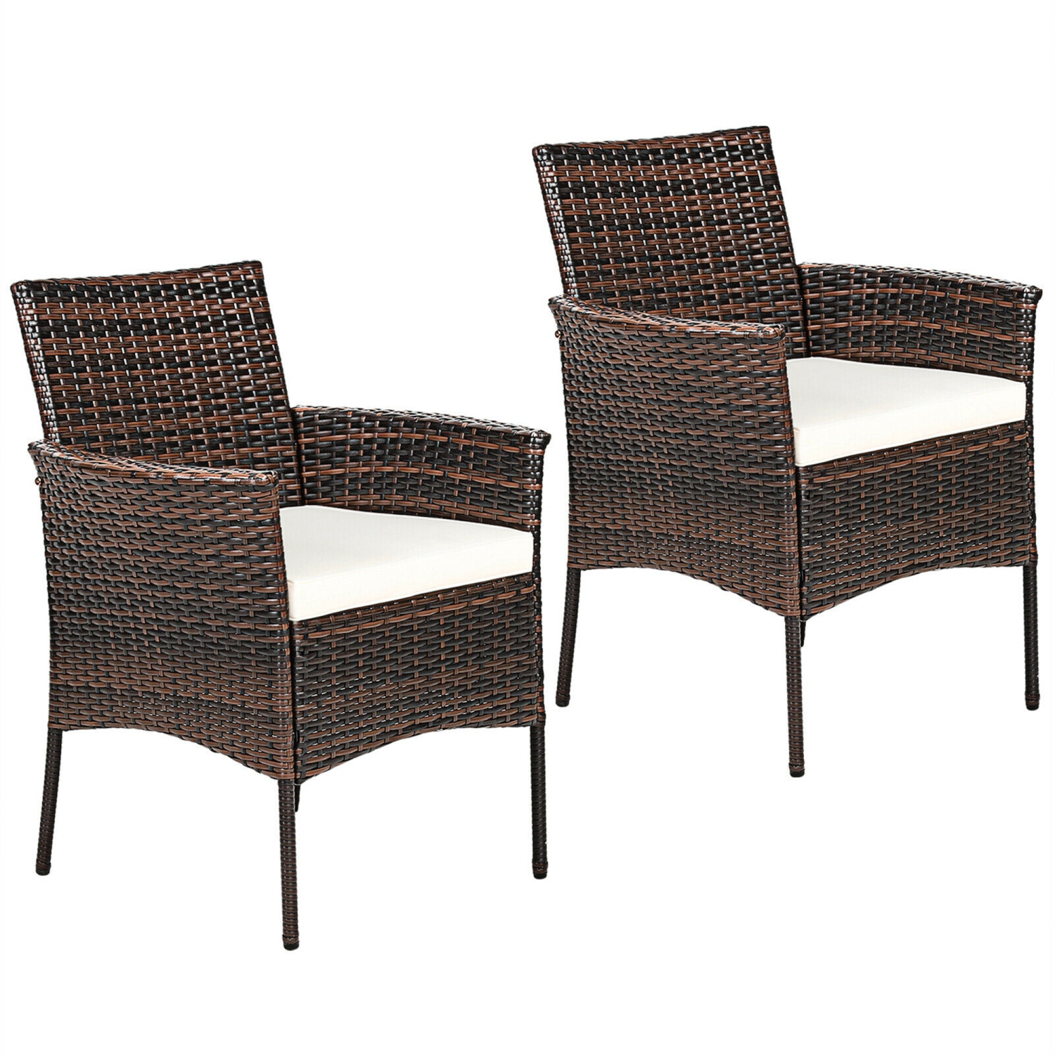 Gymax Patio 2PCS Rattan Arm Dining Chair Cushioned Sofa Furniture Brown