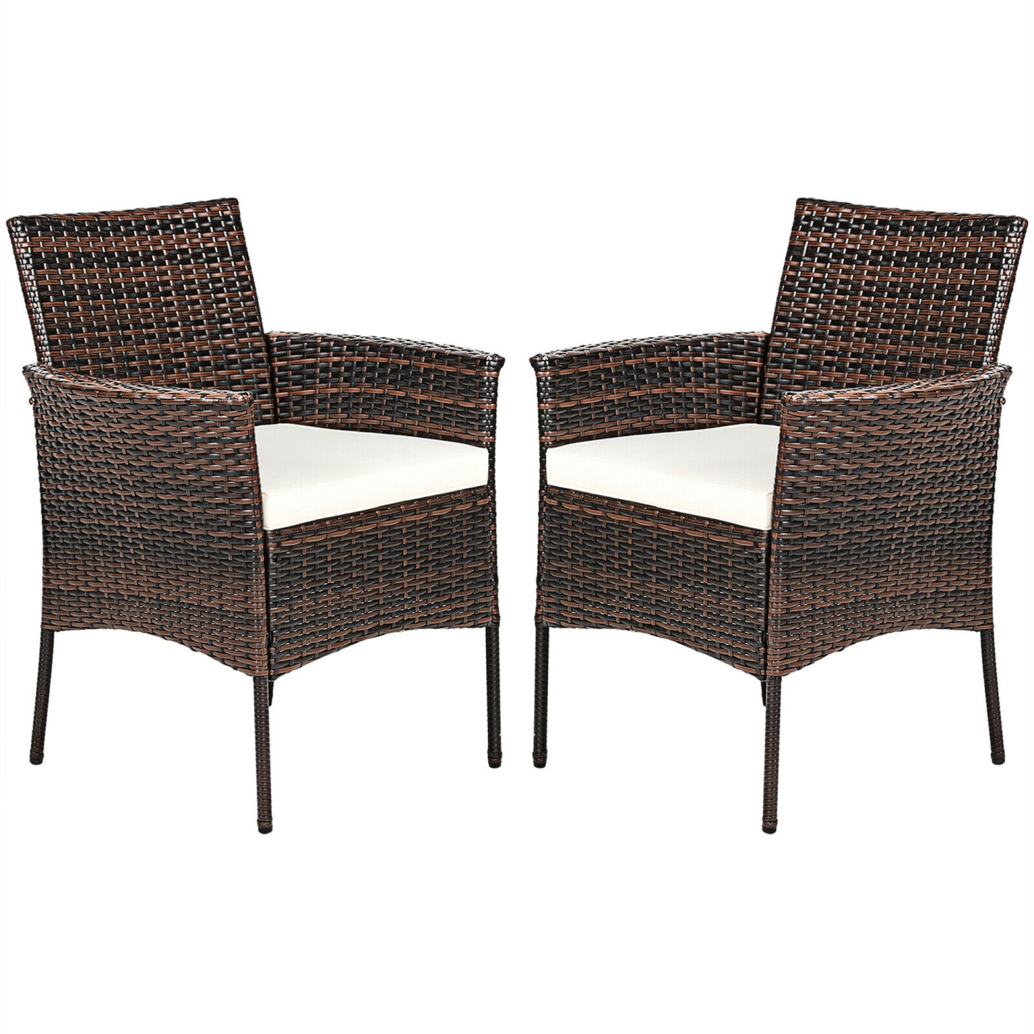 Gymax Patio 2PCS Rattan Arm Dining Chair Cushioned Sofa Furniture Brown