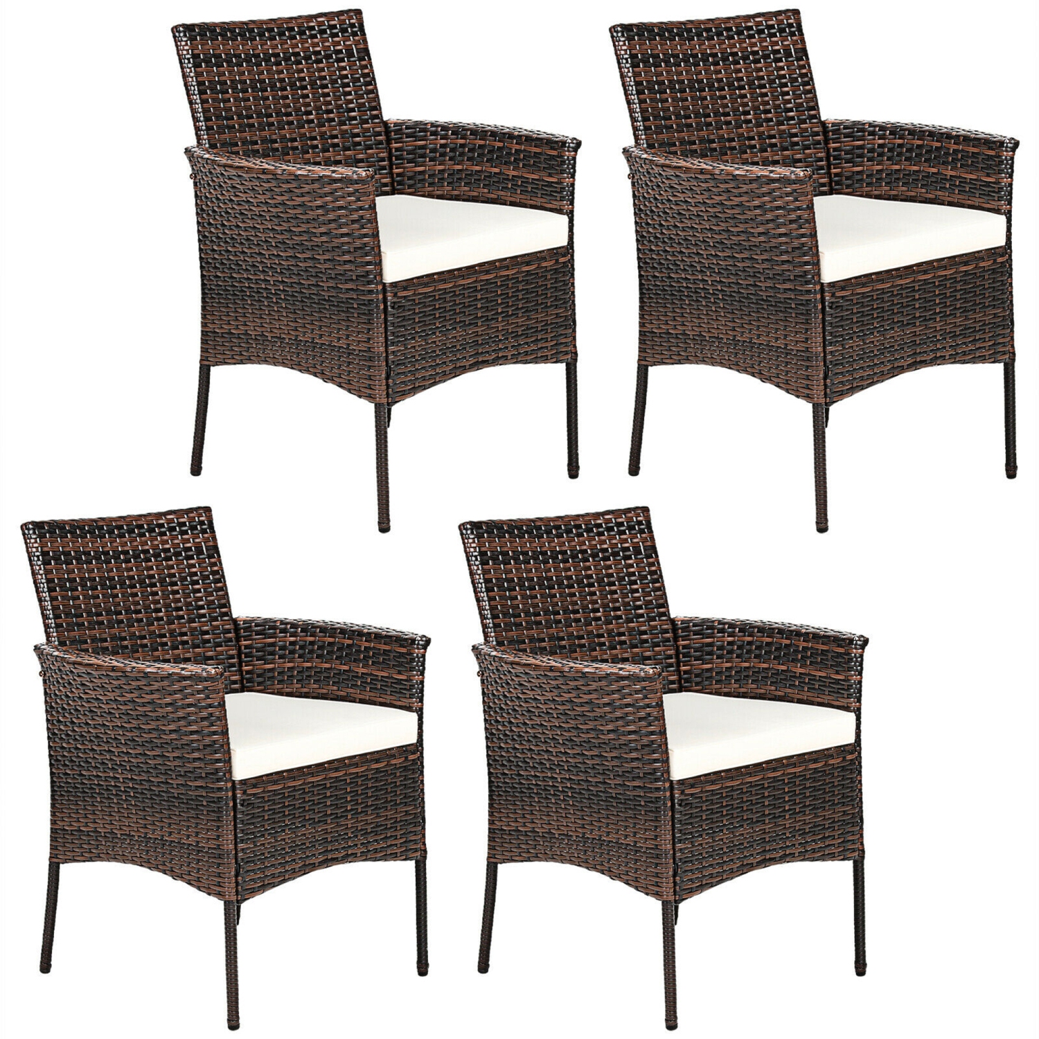 Gymax Patio 4PCS Rattan Arm Dining Chair Cushioned Sofa Furniture Brown
