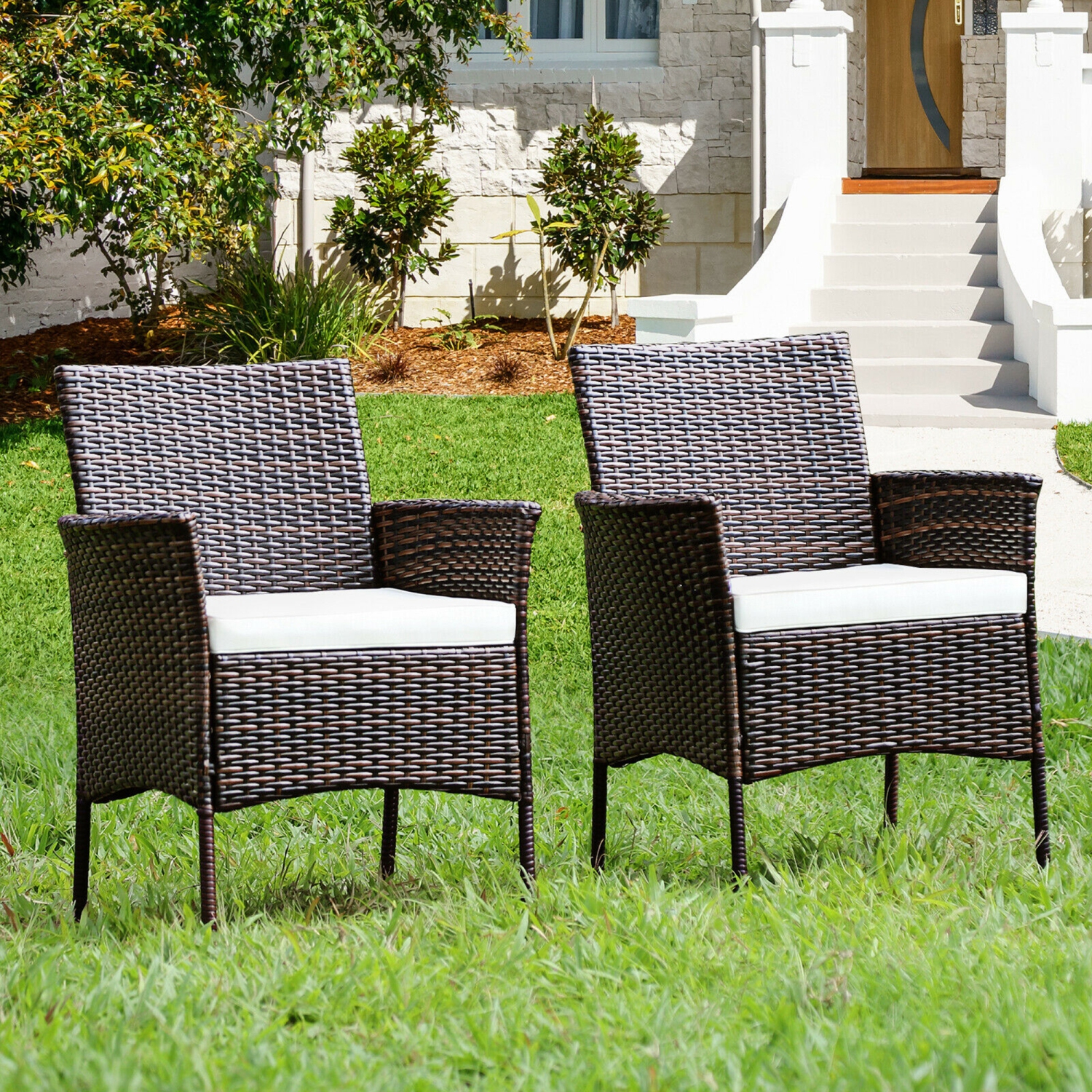 Gymax Patio 4PCS Rattan Arm Dining Chair Cushioned Sofa Furniture Brown