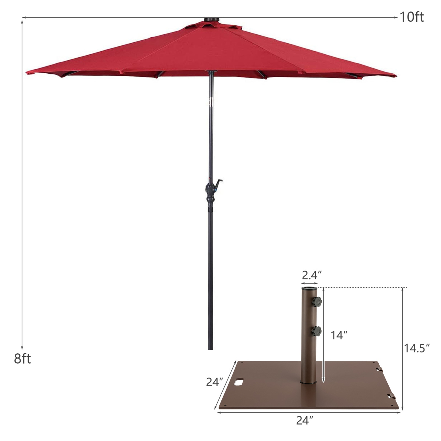 Parasol de marché de table de patio de 10 pi Gymax avec 24 lampes DEL solaires et base robuste