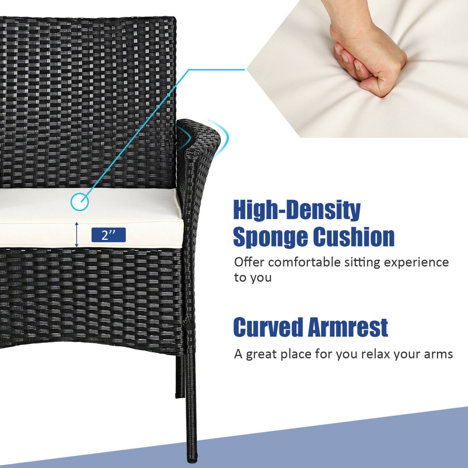 Ensemble de 2 fauteuils de patio à accoudoirs en rotin Gymax. Mobilier rembourré noir