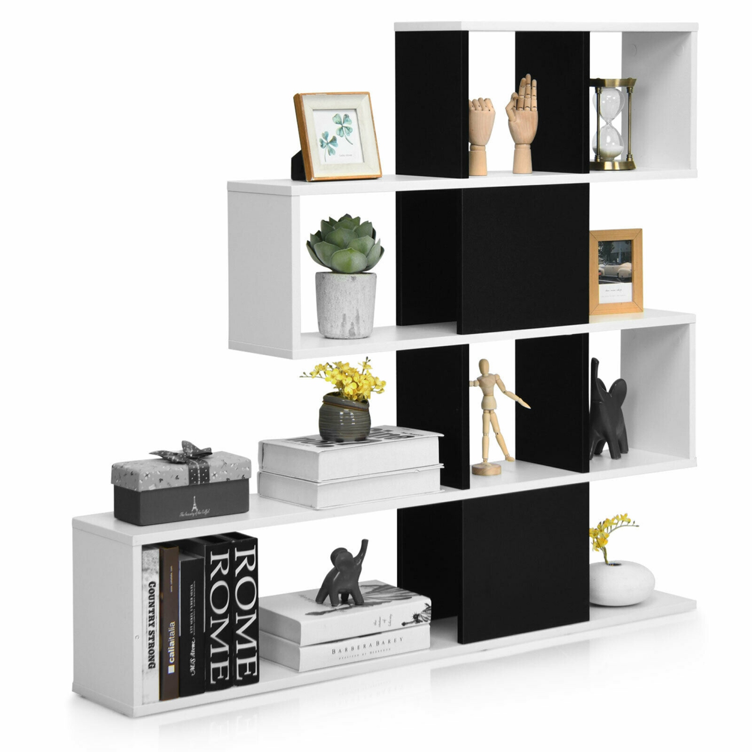 Gymax 5-Tier Bookshelf Corner Ladder Bookcase Display Storage Rack Black White