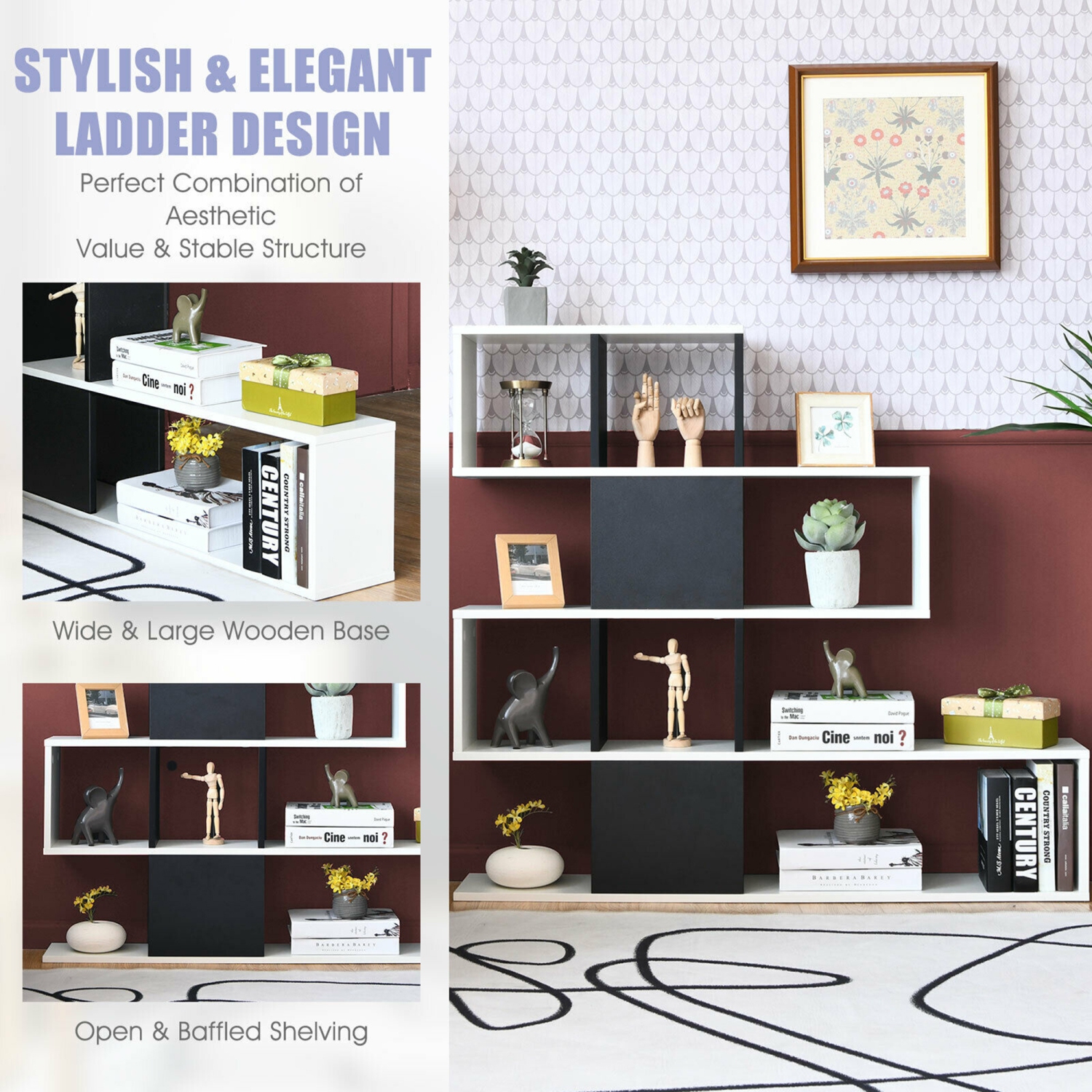 Gymax 5-Tier Bookshelf Corner Ladder Bookcase Display Storage Rack Black White