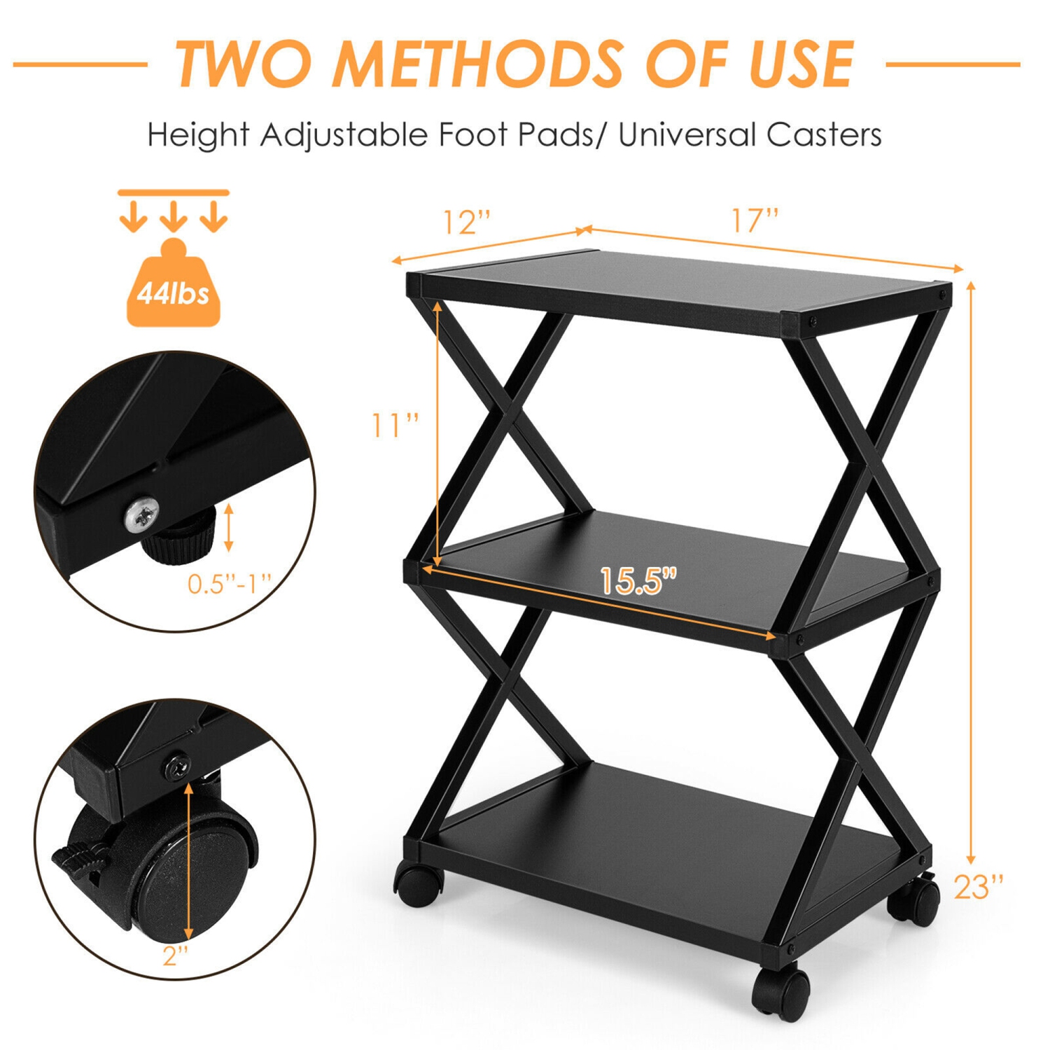 Support mobile pour imprimante, étagères de rangement 3 niveaux Gymax