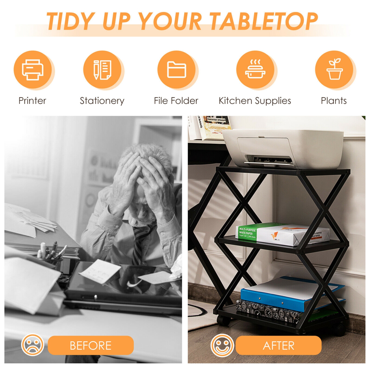 Support mobile pour imprimante, étagères de rangement 3 niveaux Gymax