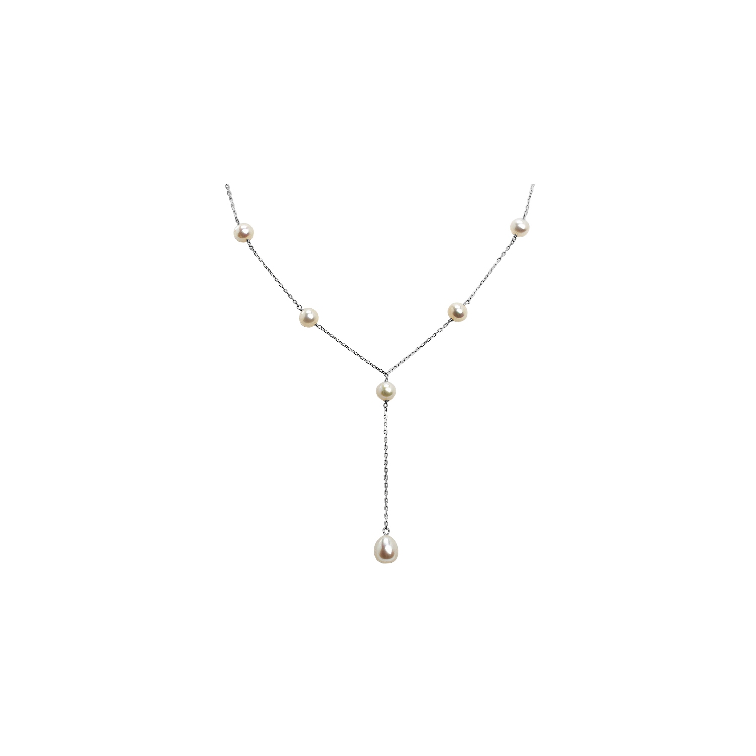 Cultured Freshwater White Pearl Lariat Necklace in Sterling Silver 16 Inches