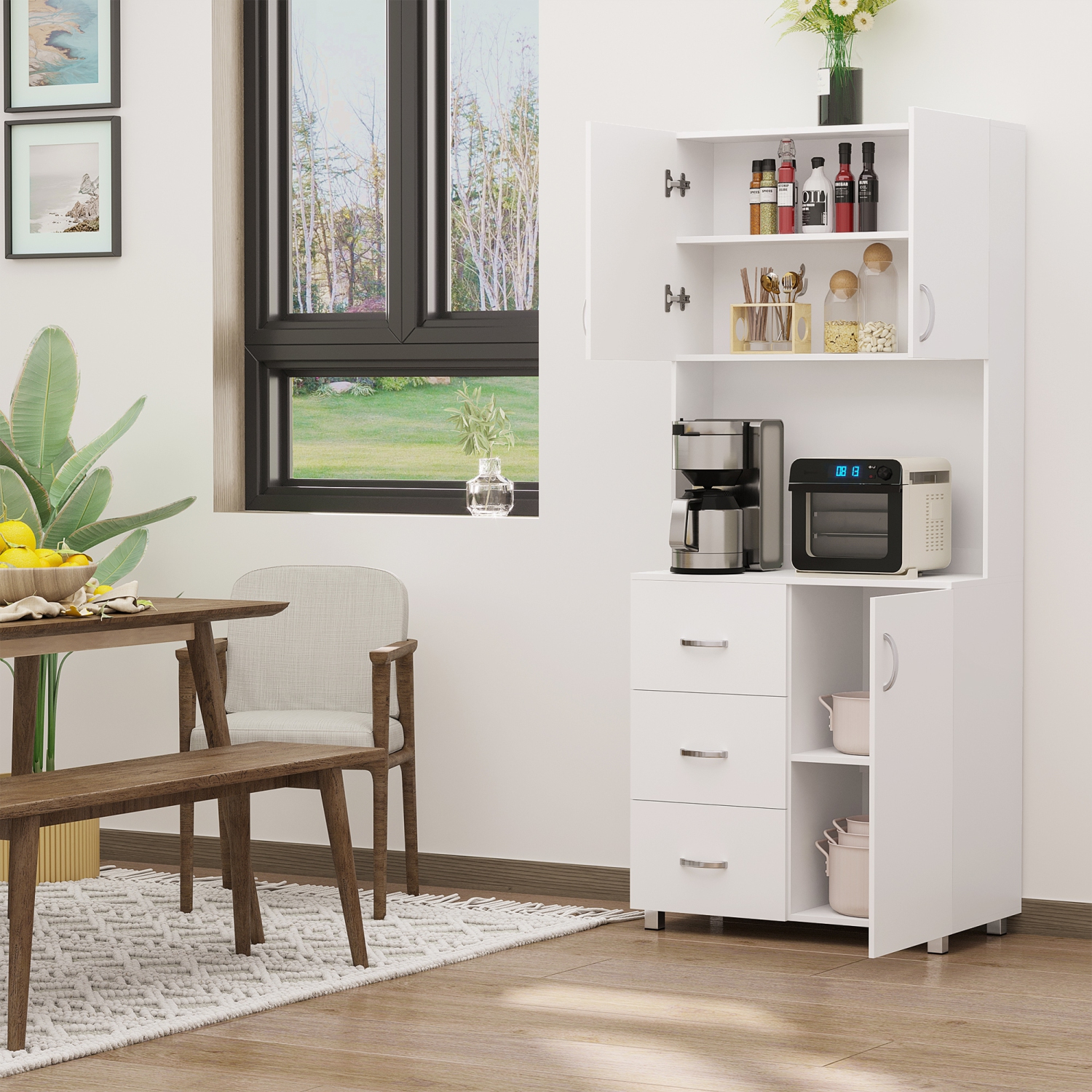 HOMCOM Freestanding Kitchen Pantry Cabinet with Microwave Stand, 3 Drawers and Open Countertop, Adjustable Shelf, White