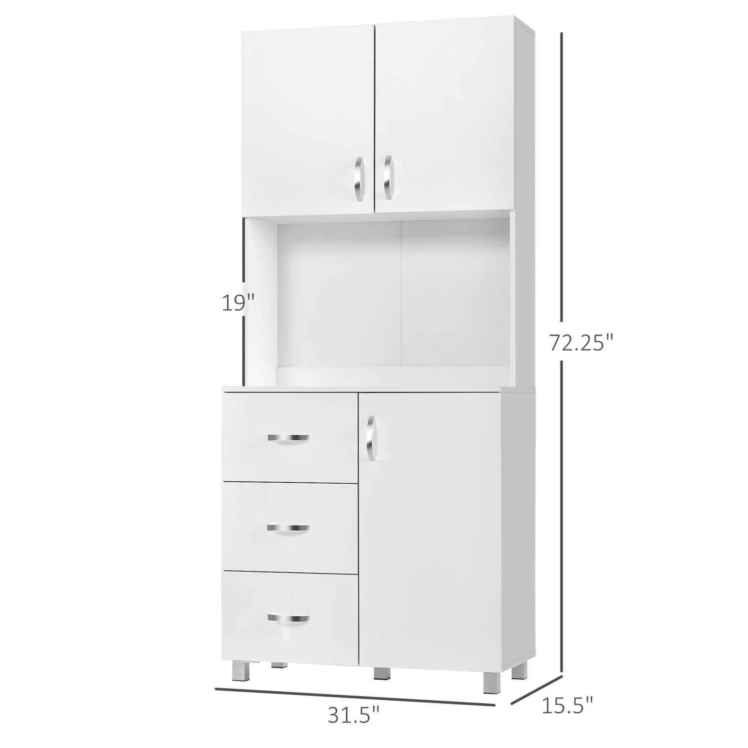 HOMCOM Freestanding Kitchen Pantry Cabinet with Microwave Stand, 3 Drawers and Open Countertop, Adjustable Shelf, White