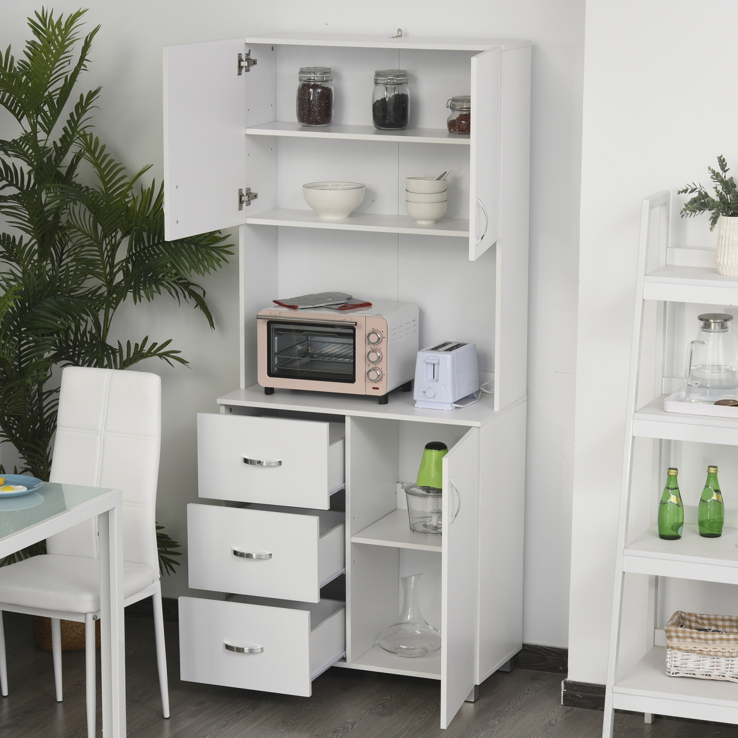 HOMCOM Freestanding Kitchen Pantry Cabinet with Microwave Stand, 3 Drawers and Open Countertop, Adjustable Shelf, White