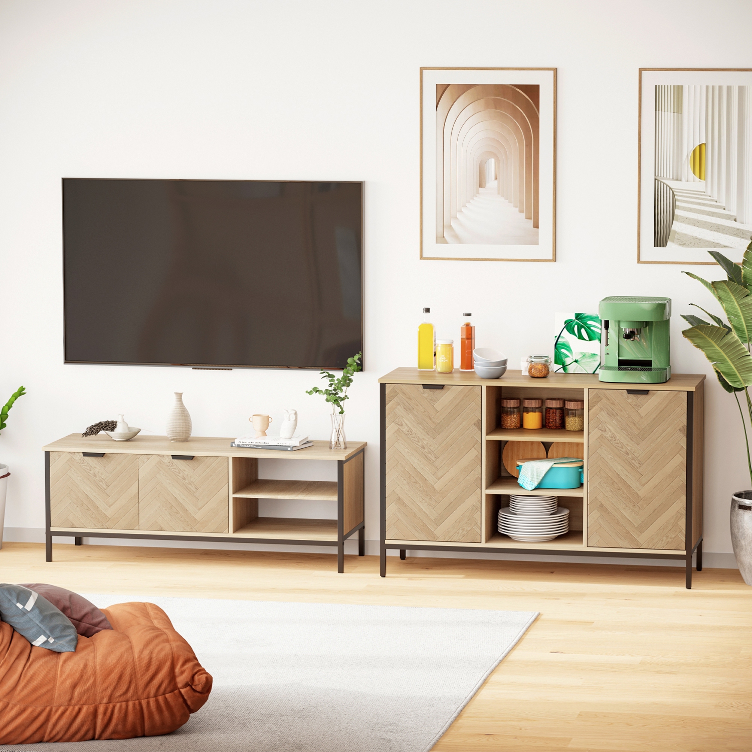 HOMCOM Sideboard Buffet Cabinet, Kitchen Storage Cabinet with 2 Doors, 3 Open Compartments and 2 Adjustable Shelves, Oak Tone