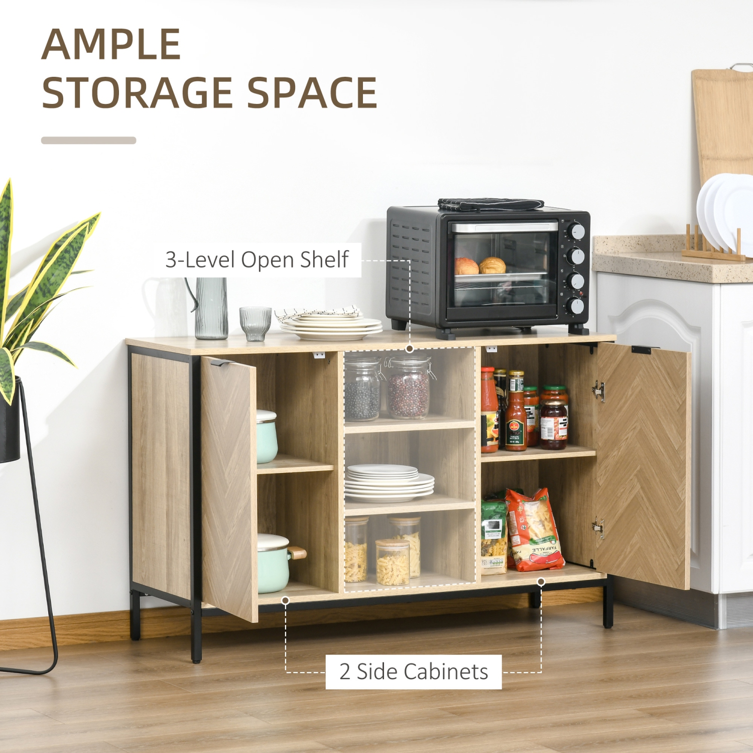 HOMCOM Sideboard Buffet Cabinet, Kitchen Storage Cabinet with 2 Doors, 3 Open Compartments and 2 Adjustable Shelves, Oak Tone