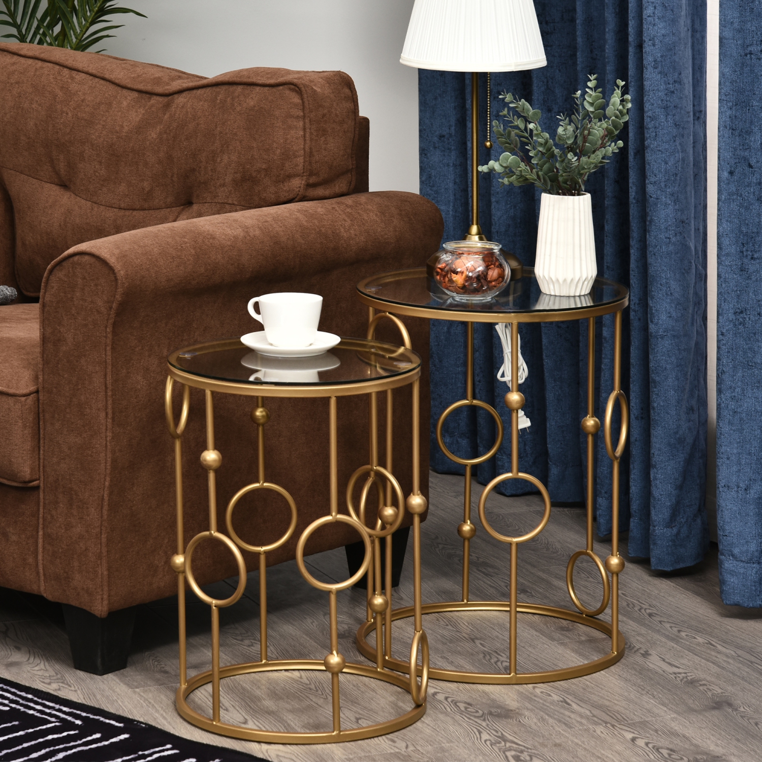 HOMCOM Round Nesting Coffee Table Set of 2, Gold Coffee Tables with Tempered Glass Top, Steel Frame for Living Room