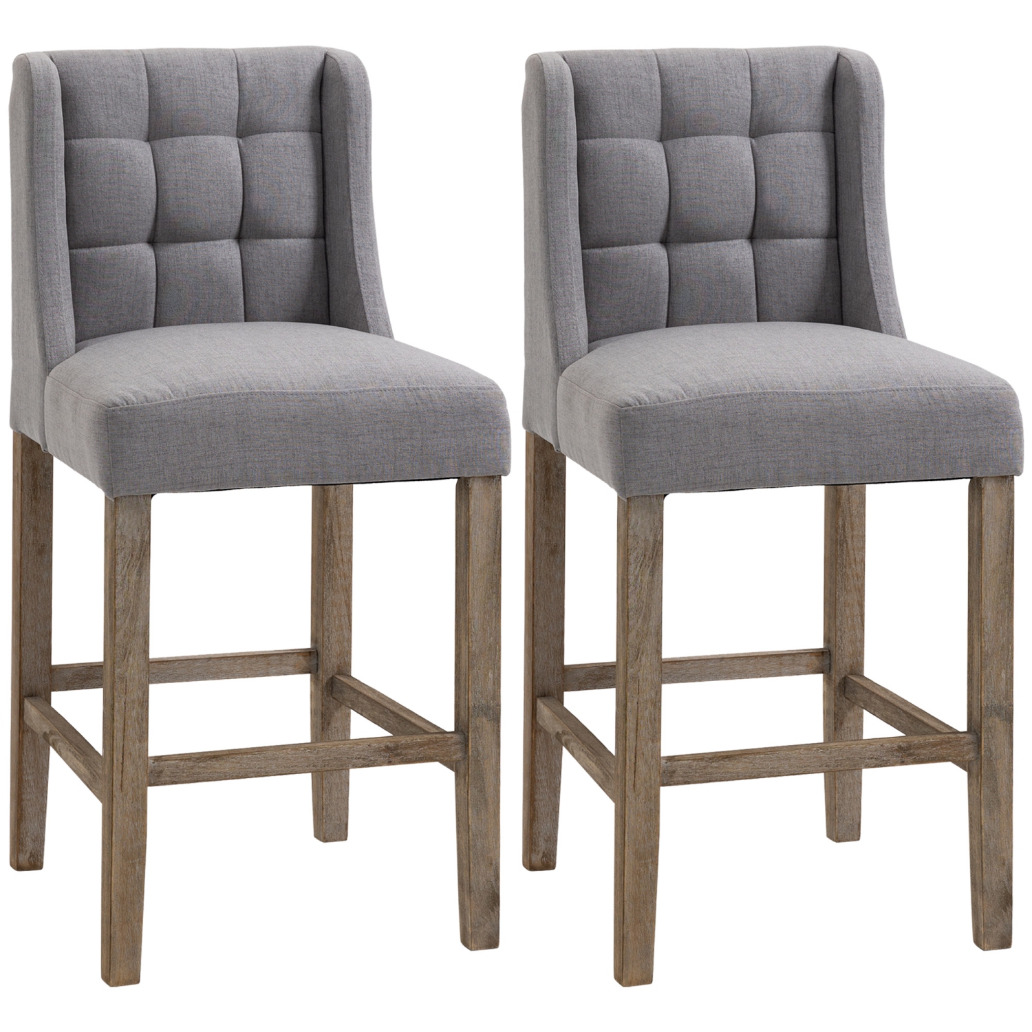 HOMCOM Counter Height Bar Stools Set of 2, Upholstered Bar Chairs with Square Tufted Backrest and Footrest, Modern Barstools for Kitchen, Dining