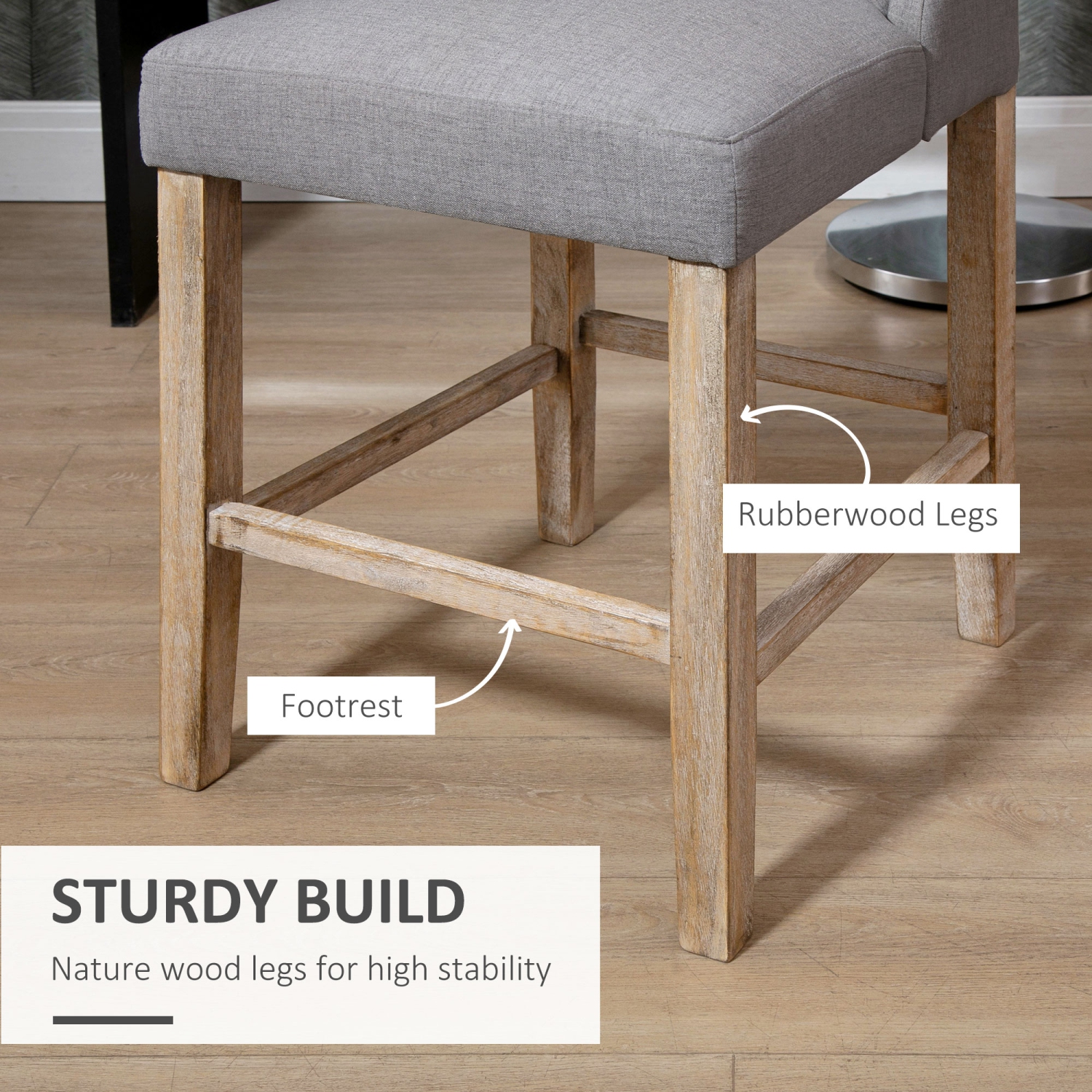 HOMCOM Counter Height Bar Stools Set of 2, Upholstered Bar Chairs with Square Tufted Backrest and Footrest, Modern Barstools for Kitchen, Dining