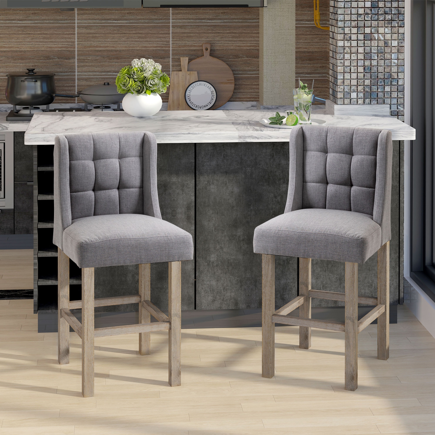 HOMCOM Counter Height Bar Stools Set of 2, Upholstered Bar Chairs with Square Tufted Backrest and Footrest, Modern Barstools for Kitchen, Dining