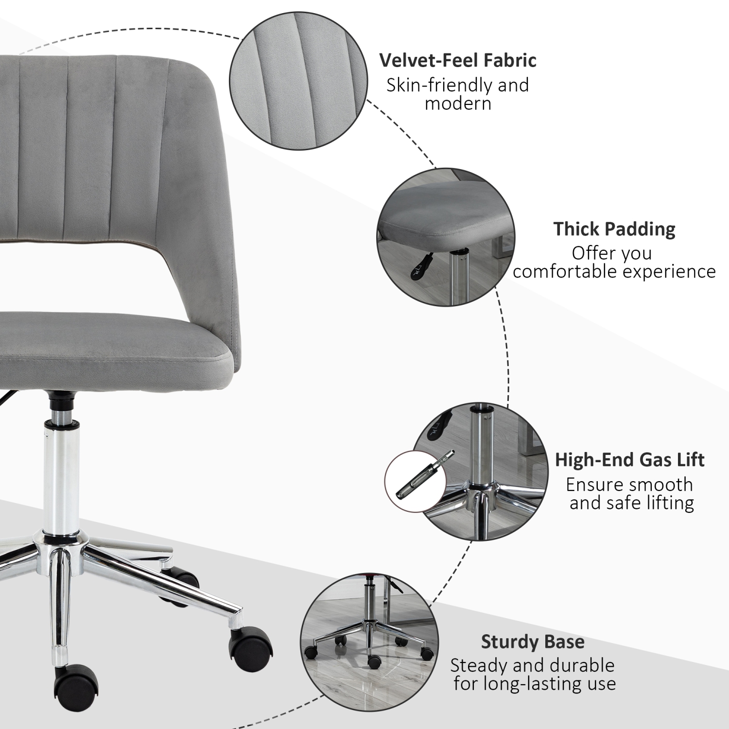 Vinsetto Office Desk Chair, Height Adjustable Computer Task Chair, Modern Fabric Makeup Vanity Chair with Swivel Wheels, Grey