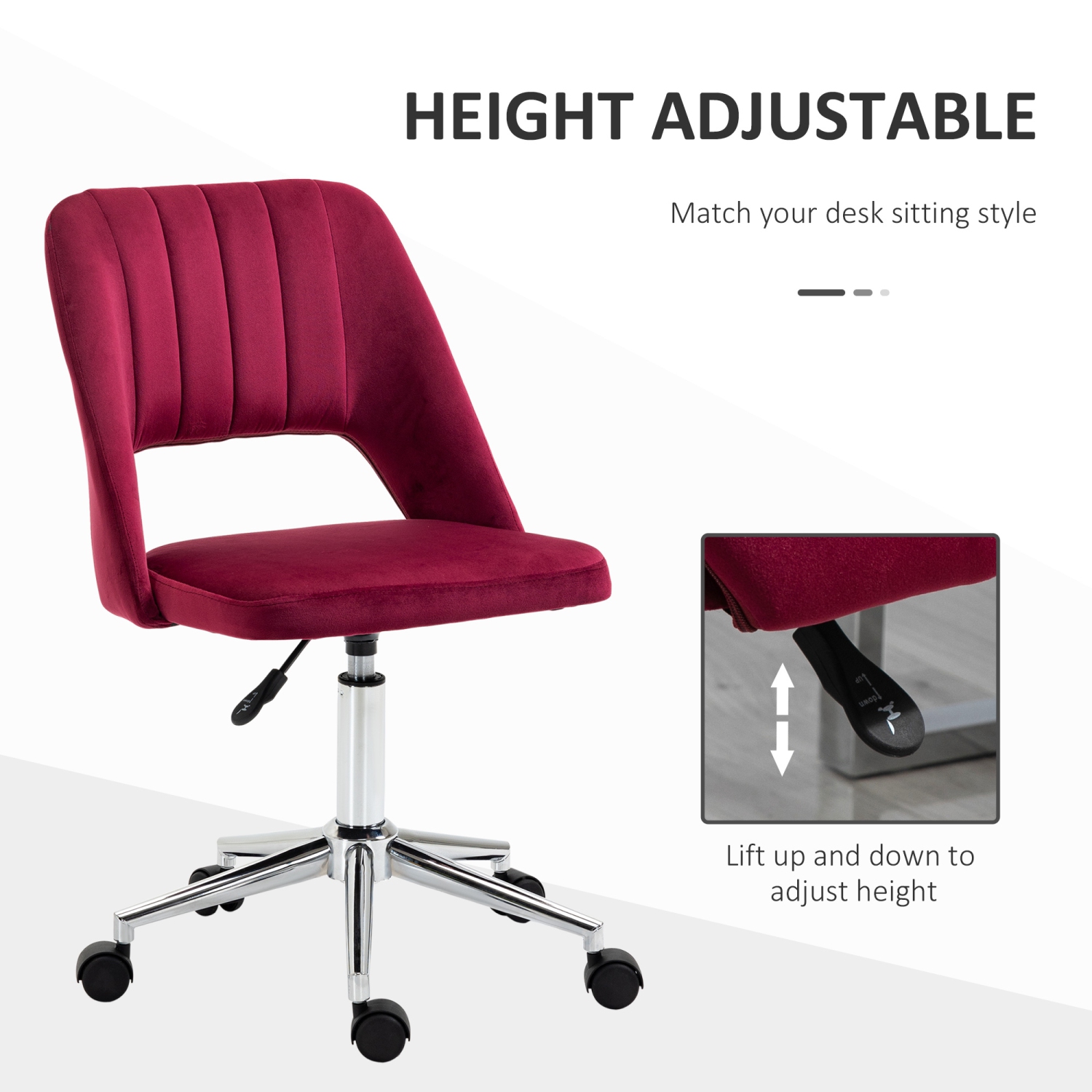 Vinsetto Office Desk Chair, Height Adjustable Computer Task Chair, Modern Fabric Makeup Vanity Chair with Swivel Wheels, Red