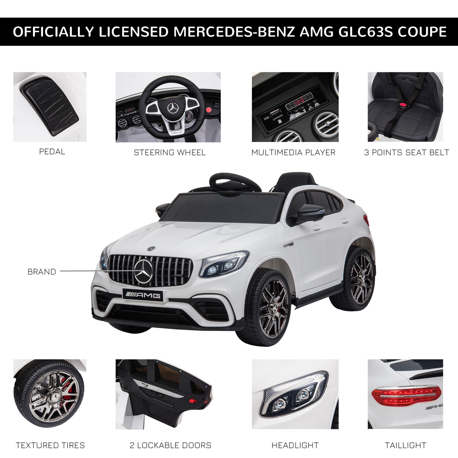 Jouet porteur pour enfants Aosom 12&nbsp;V/7AH, Mercedes Benz AMG GLC63S Coupé, voiture électrique avec télécommande, poignée, 2 vitesses, avec