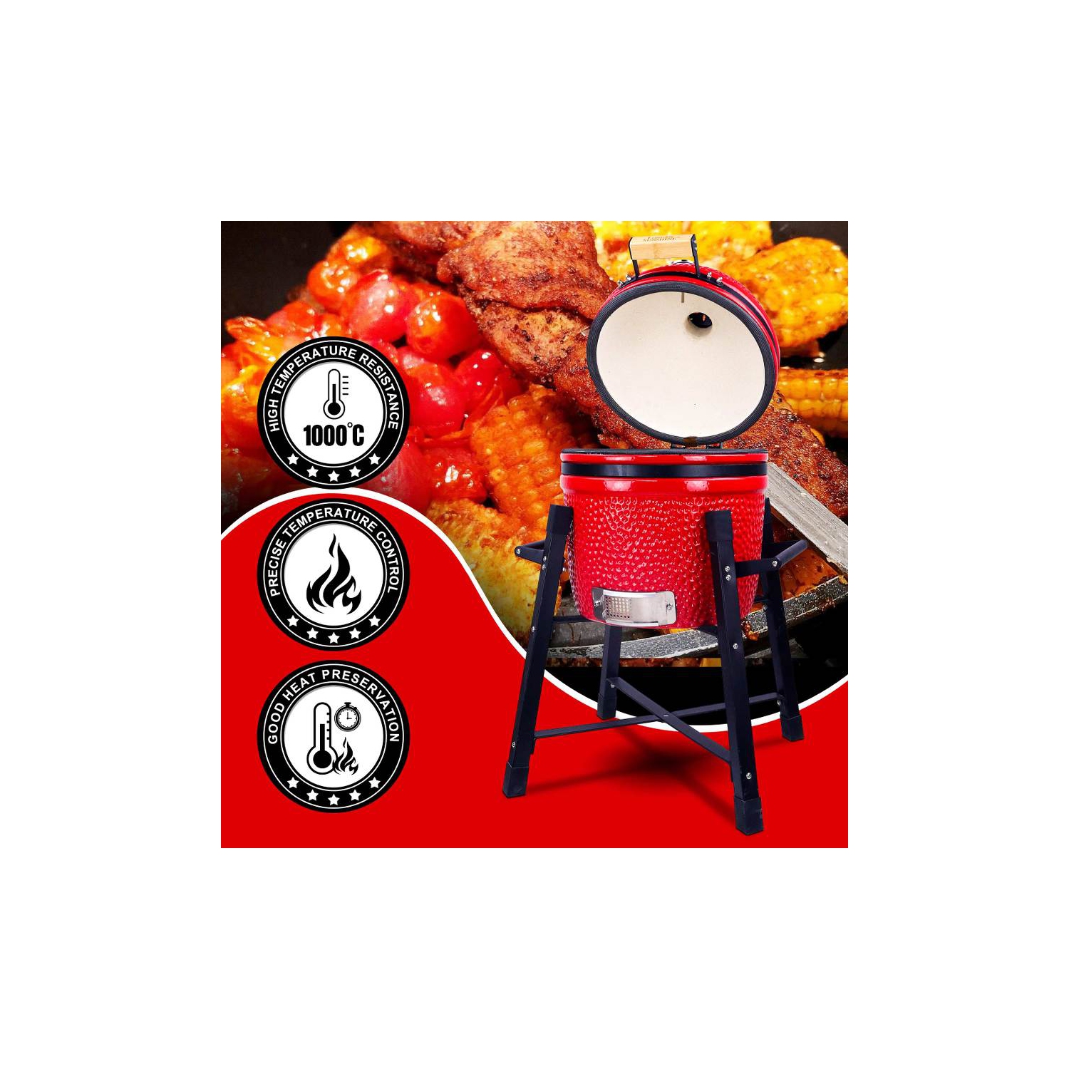 London Sunshine 15" Ceramic Kamado Charcoal BBQ Smoker Griller -Red