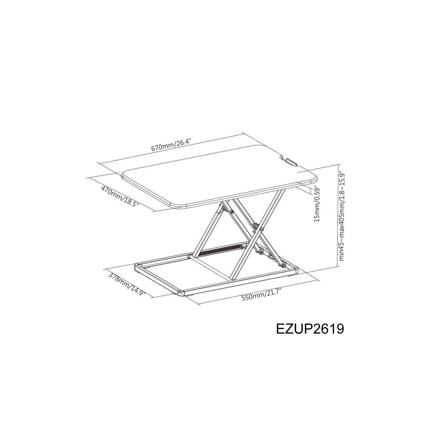 Amer Mounts – Bureau de travail assis/debout à hauteur réglable ultramince, noir, table de 26.4 po de largeur, 1.8 po de largeur, EZUP2619