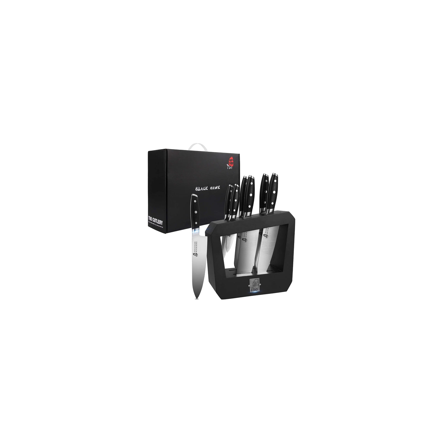 TUO Knife Block Set 7 Piece Kitchen Knife Set with Wooden Block, Chef Knife, Paring Knife Cooking Knife Pakkawood Handle - German HC Steel - Black