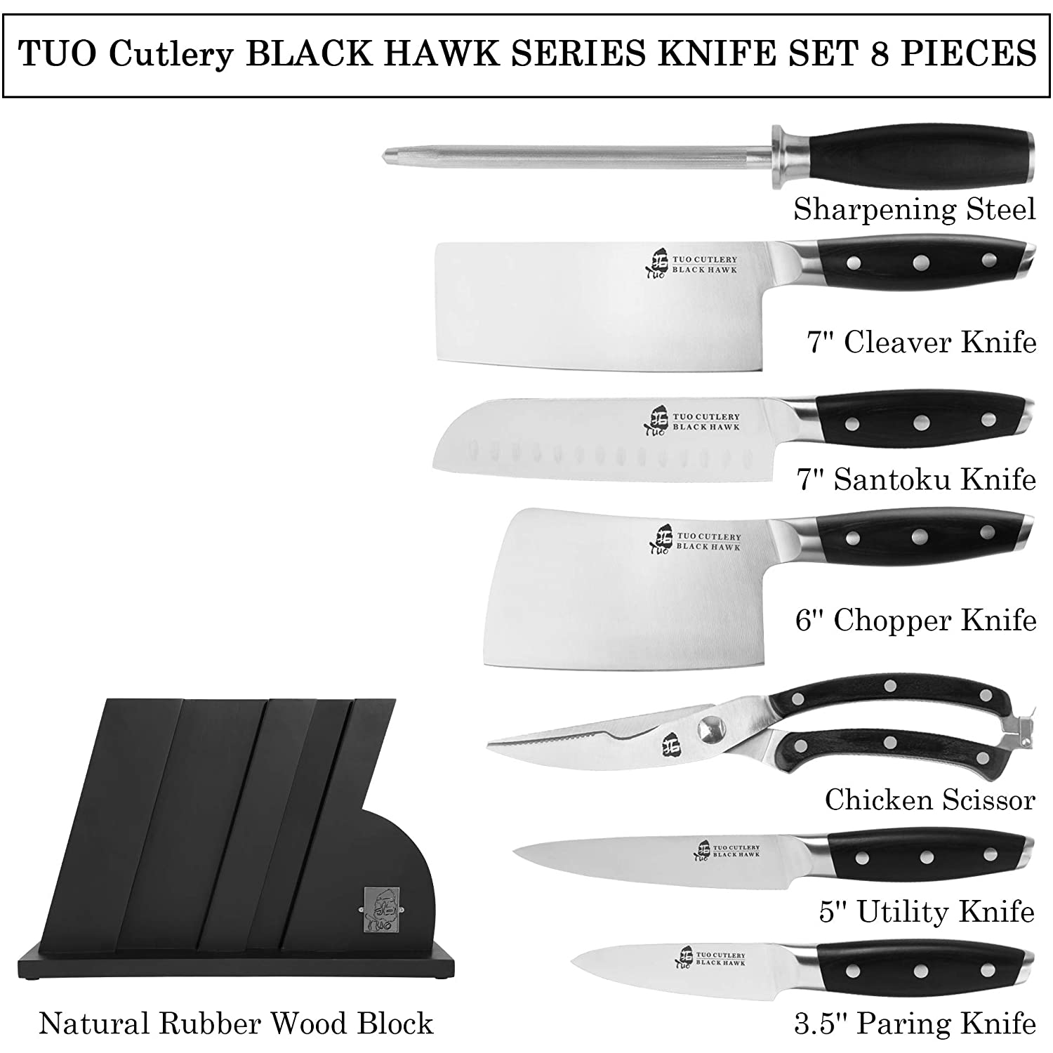 TUO Knife Set 8pcs, Japanese Kitchen Chef Knives Set with Wooden Block,  including Honing Steel and Shears, Forged German HC Steel with comfortable