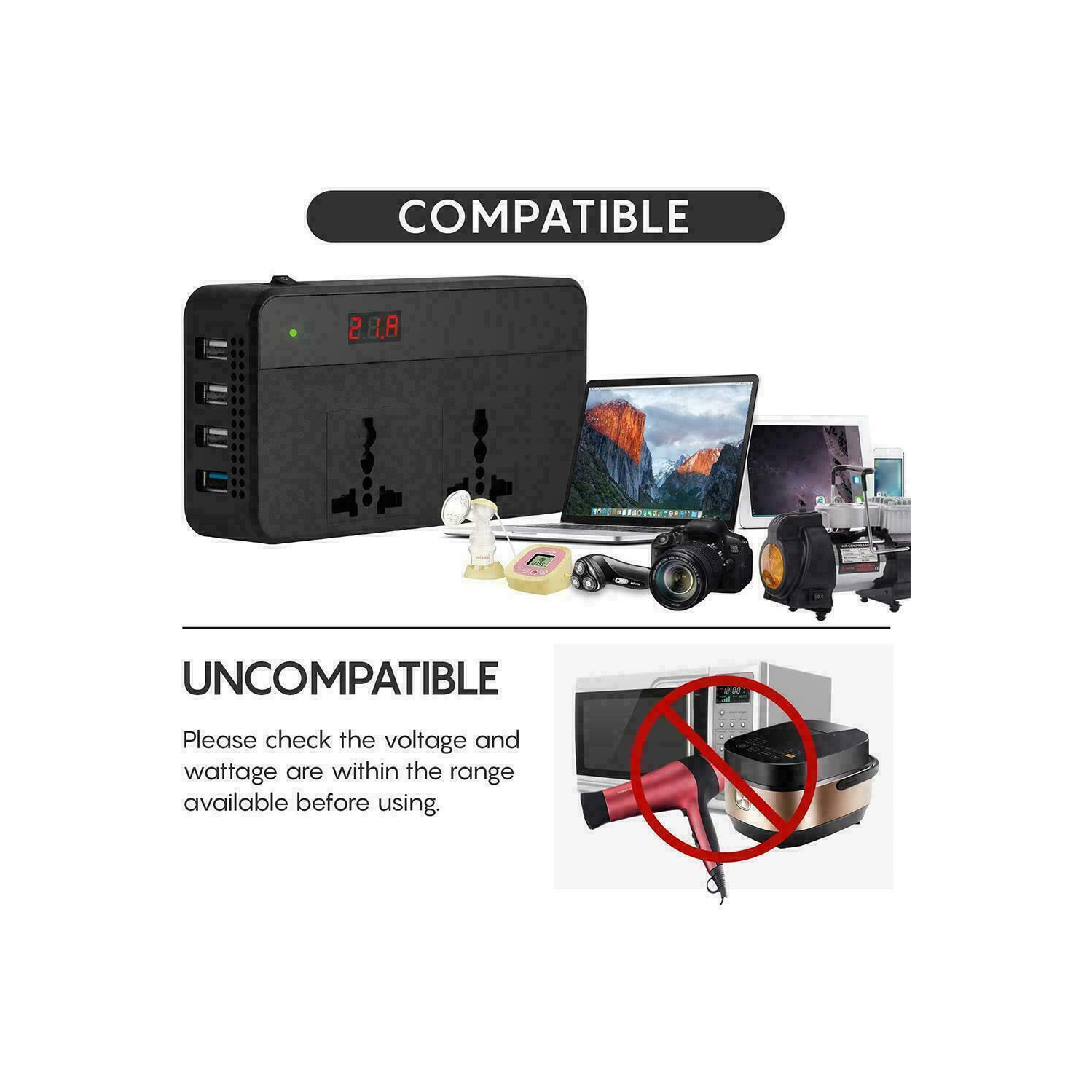 Onduleur de voiture 200 W c.c. 12 V 4 ports USB Adaptateur de chargeur pour l’auto avec interrupteur