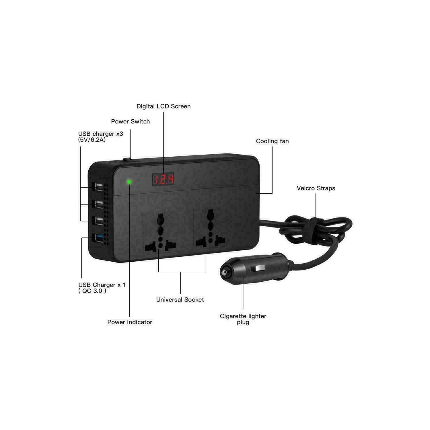 Onduleur de voiture 200 W c.c. 12 V 4 ports USB Adaptateur de chargeur pour l’auto avec interrupteur