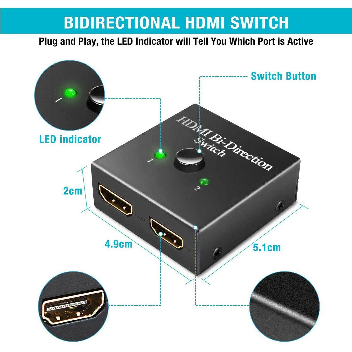 HDMI Switch Bi-Direction 2.0 HDMI Splitter 1x2/2x1 Adapter 2 in 1 Out Converter