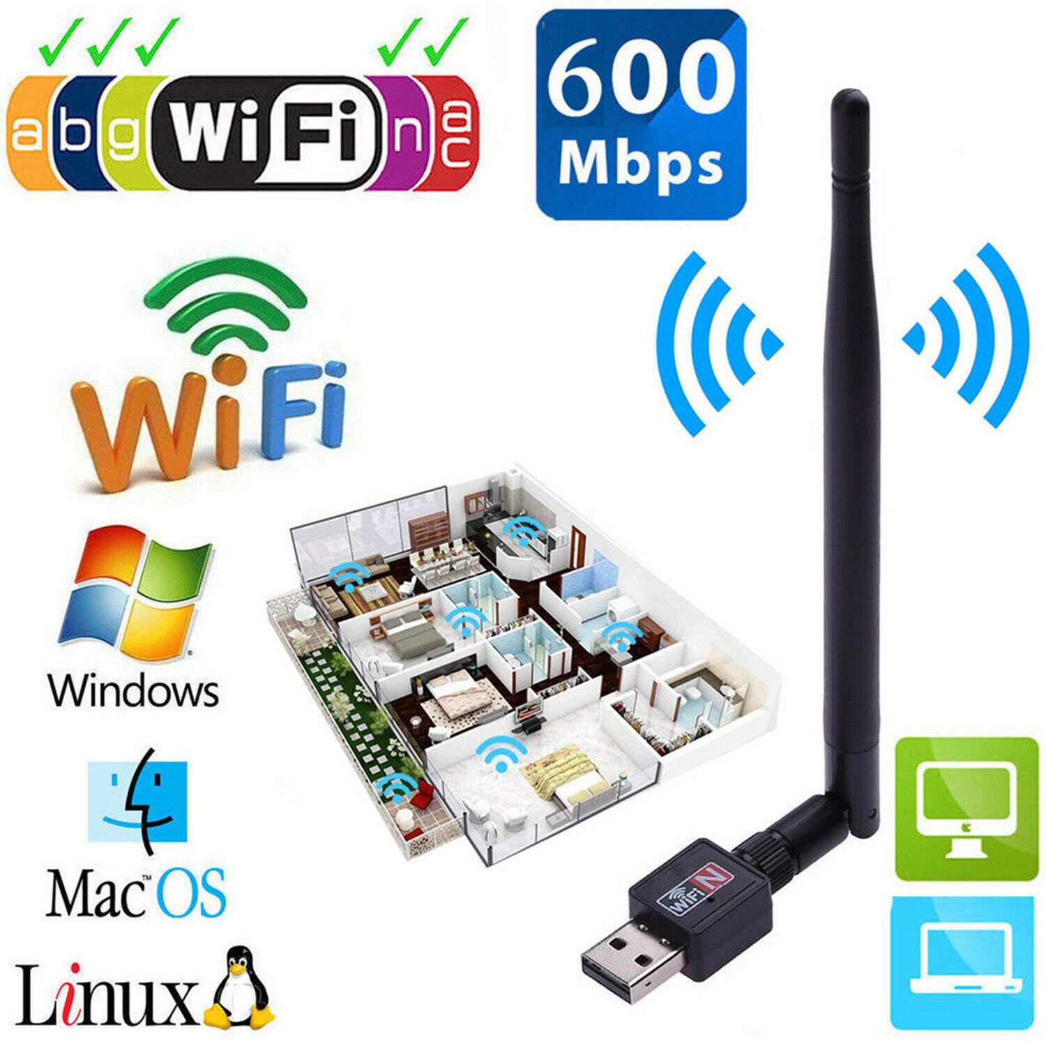 600mbps USB WiFi Wireless Adapter WiFi Network Adapter For Windows/XP/Vista/Mac