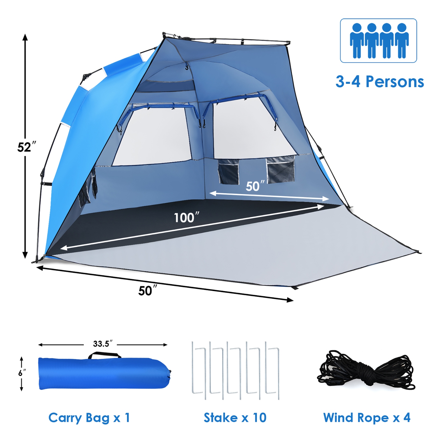 Costway 3-4 Person Easy Pop Up Beach Tent UPF 50+ Portable Sun Shelter