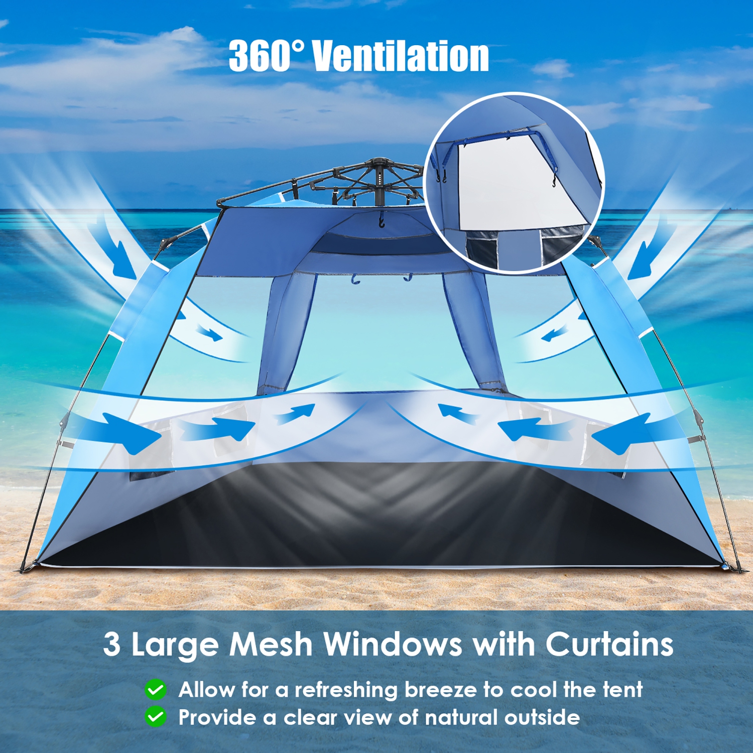 Costway 3-4 Person Easy Pop Up Beach Tent UPF 50+ Portable Sun Shelter