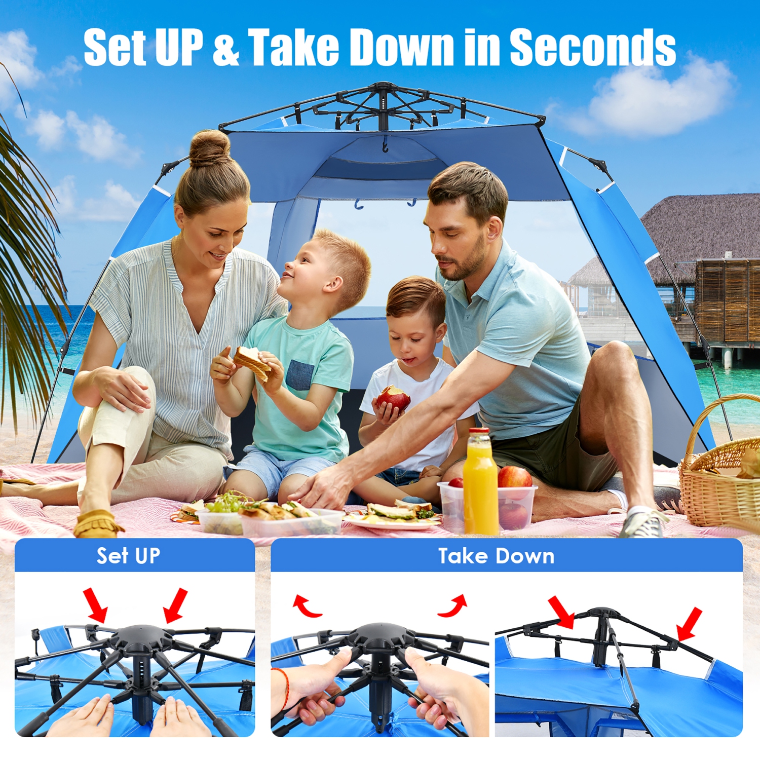 Costway 3-4 Person Easy Pop Up Beach Tent UPF 50+ Portable Sun Shelter