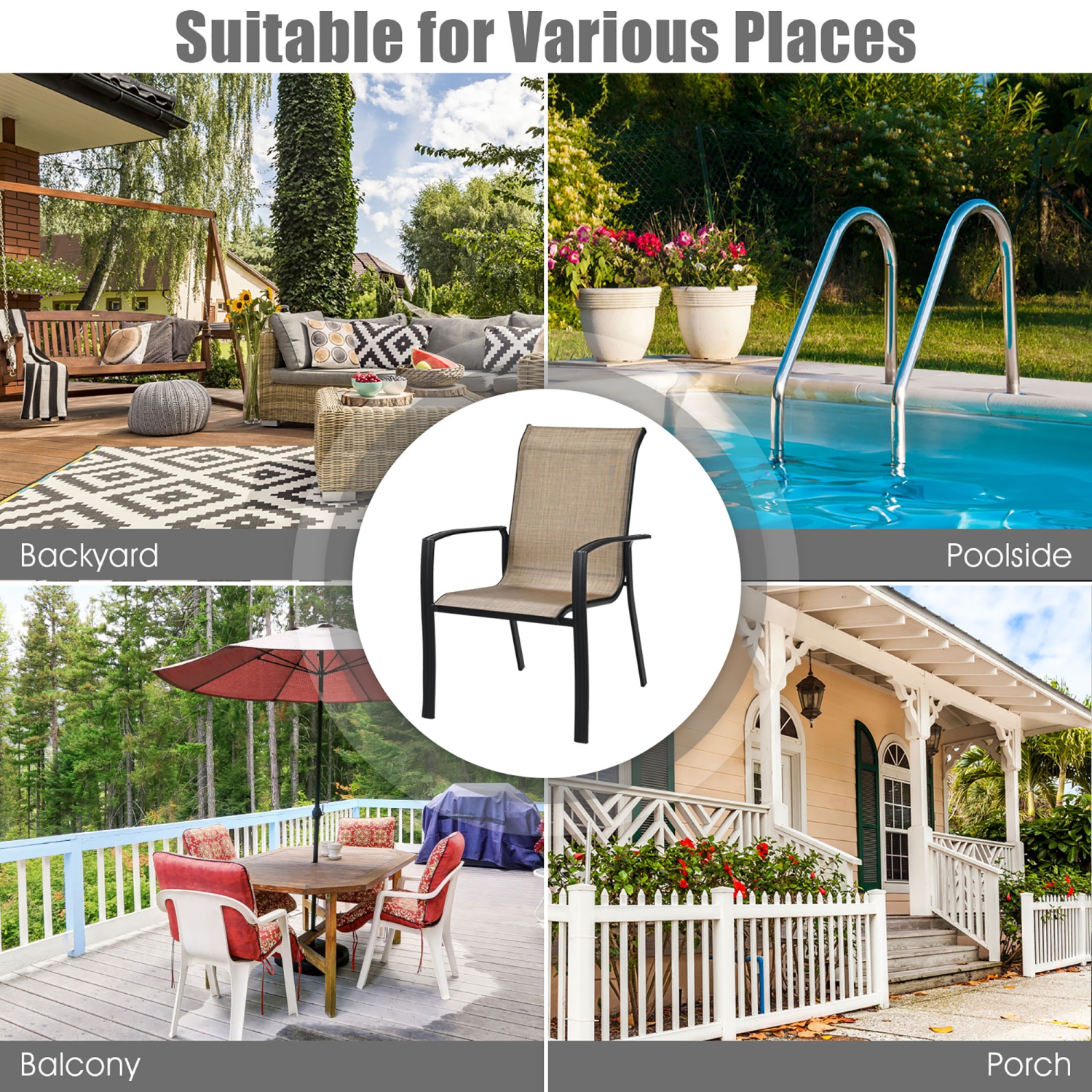 Costway Set of 4 Patio Dining Chair stackable Camping Garden Deck No Assemble