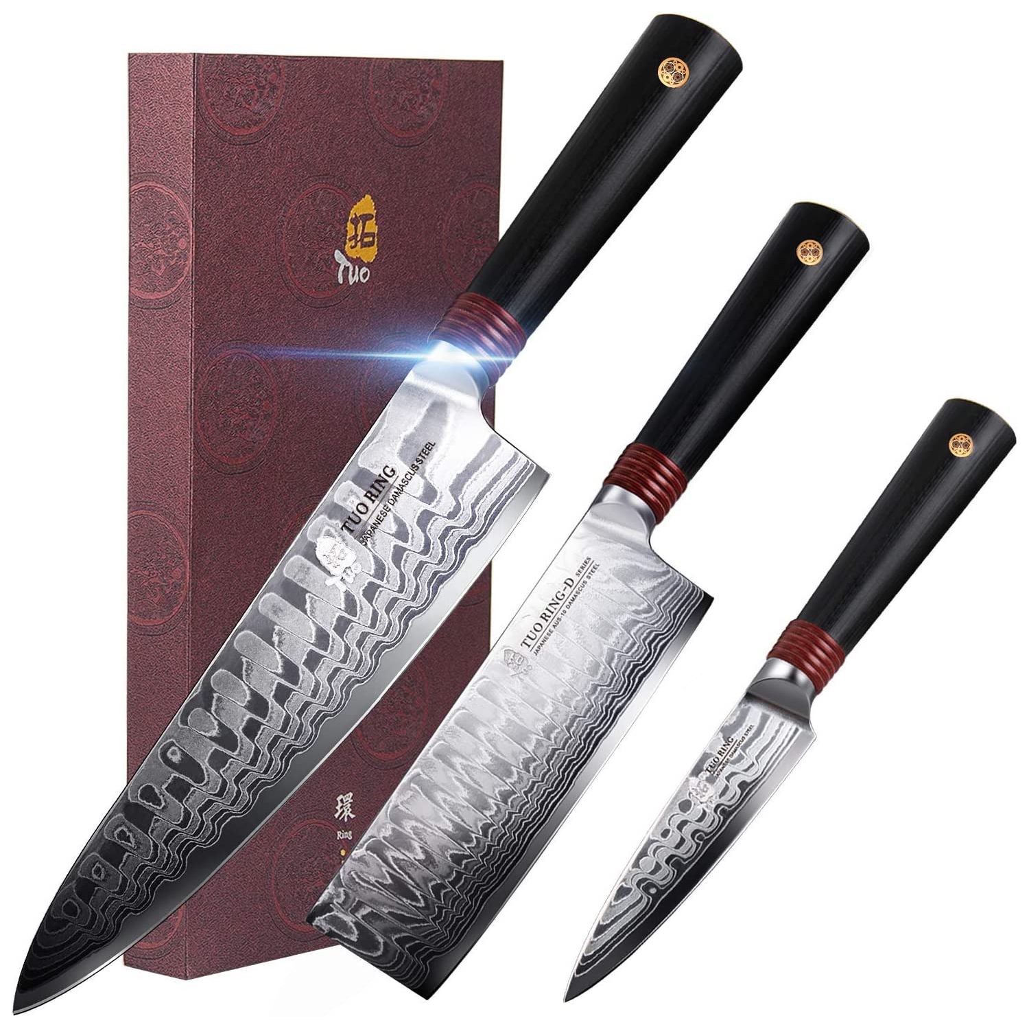 TUO Damascus Kitchen Knife Set of 3 Pieces: 8" Chef Knife, 6.5" Nakiri Knife, and 3.5" Paring Knife. Japanese AUS-10 High Carbon Stainless Steel, Full Tang G10 Handle - Gift Box