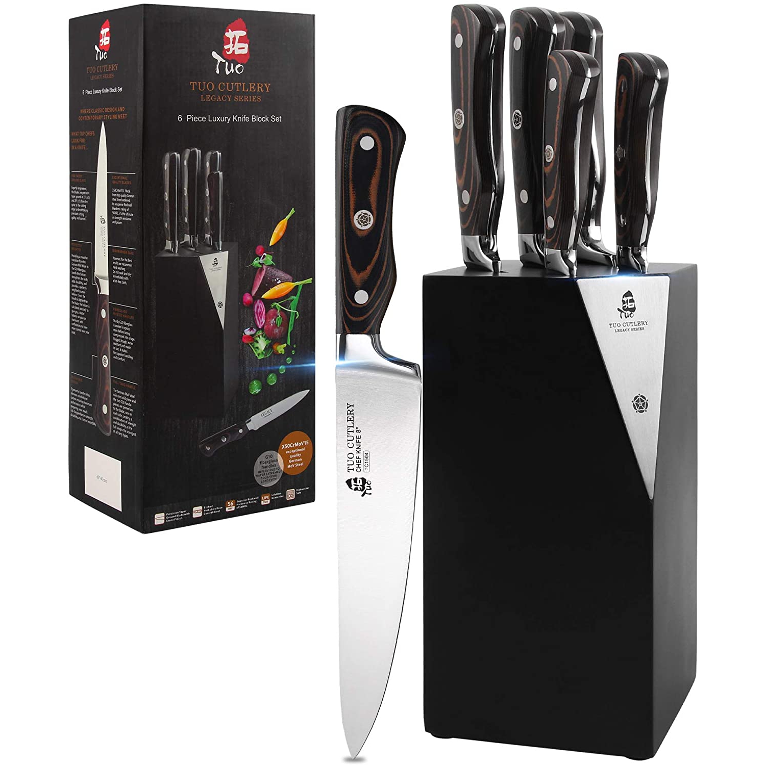 Ensemble de couteaux de TUO - Ensemble de 6 couteaux de cuisine avec bloc en bois - Ensemble de couteaux de cuisine en acier inoxydable allemand -