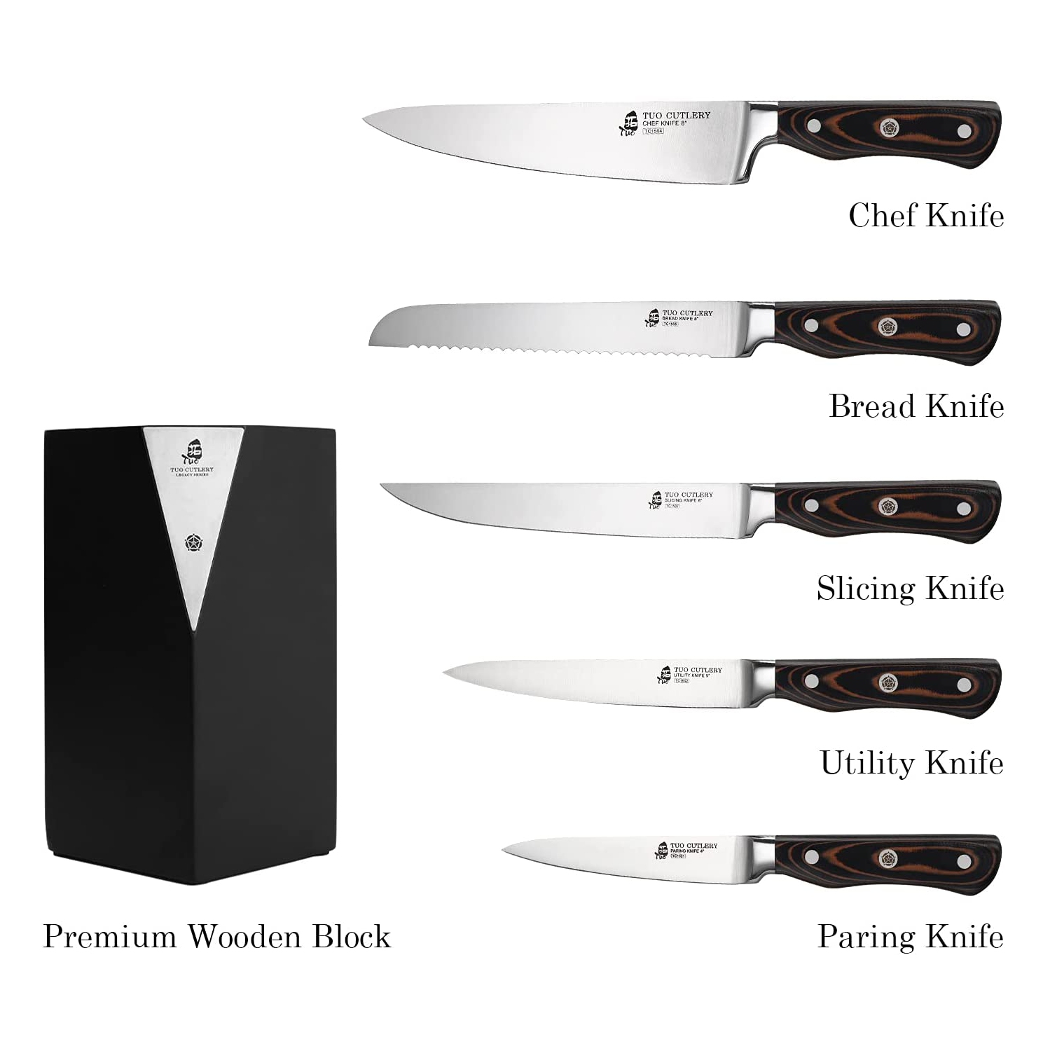 Ensemble de couteaux de TUO - Ensemble de 6 couteaux de cuisine avec bloc en bois - Ensemble de couteaux de cuisine en acier inoxydable allemand -