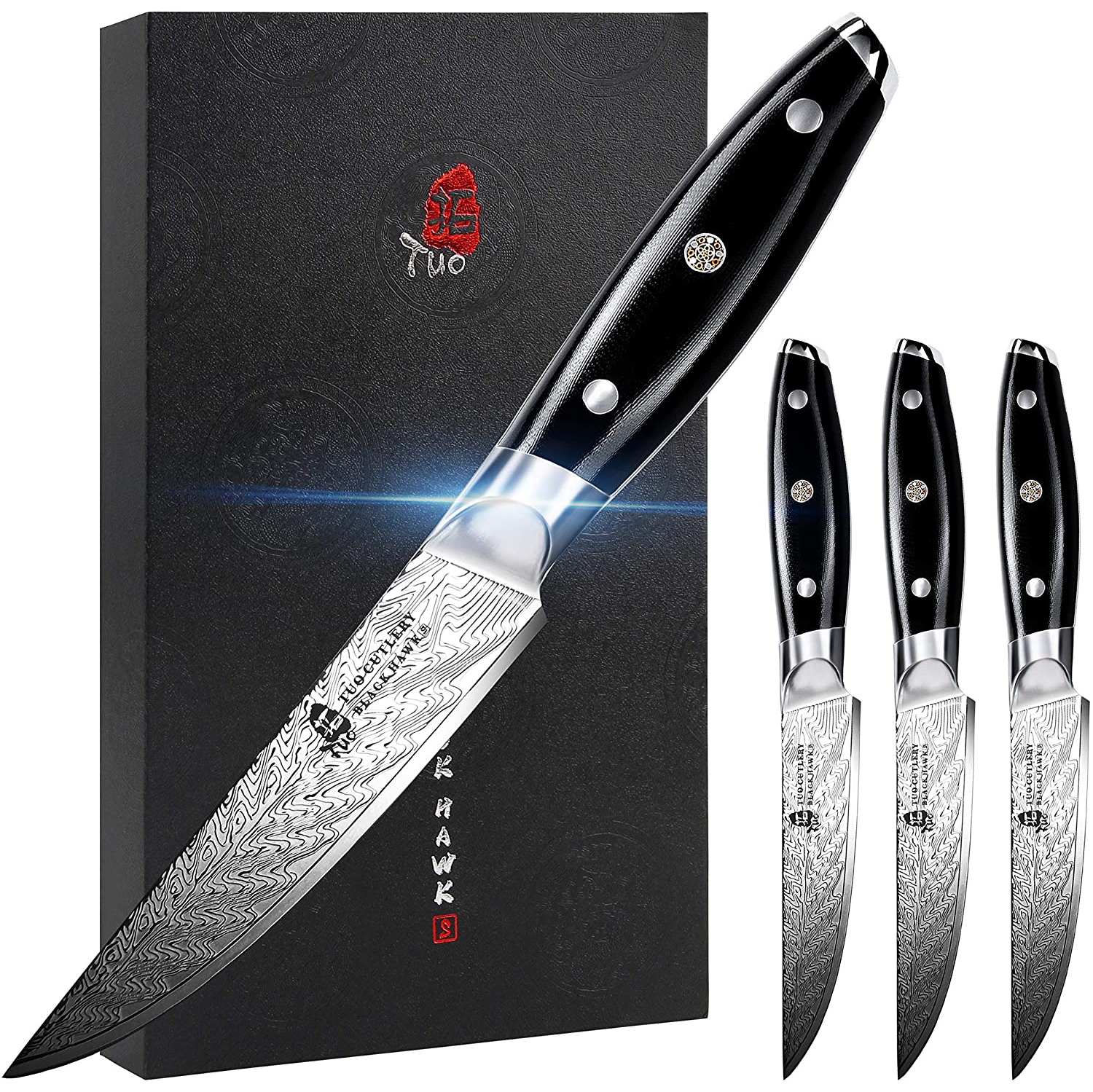 TUO Steak Knife - 5 inch Professional Kitchen Steak Knife Set of 4 - Kitchen Dinner Knives - G10 Full Tang Handle - High End Knife Set - Black Hawk S
