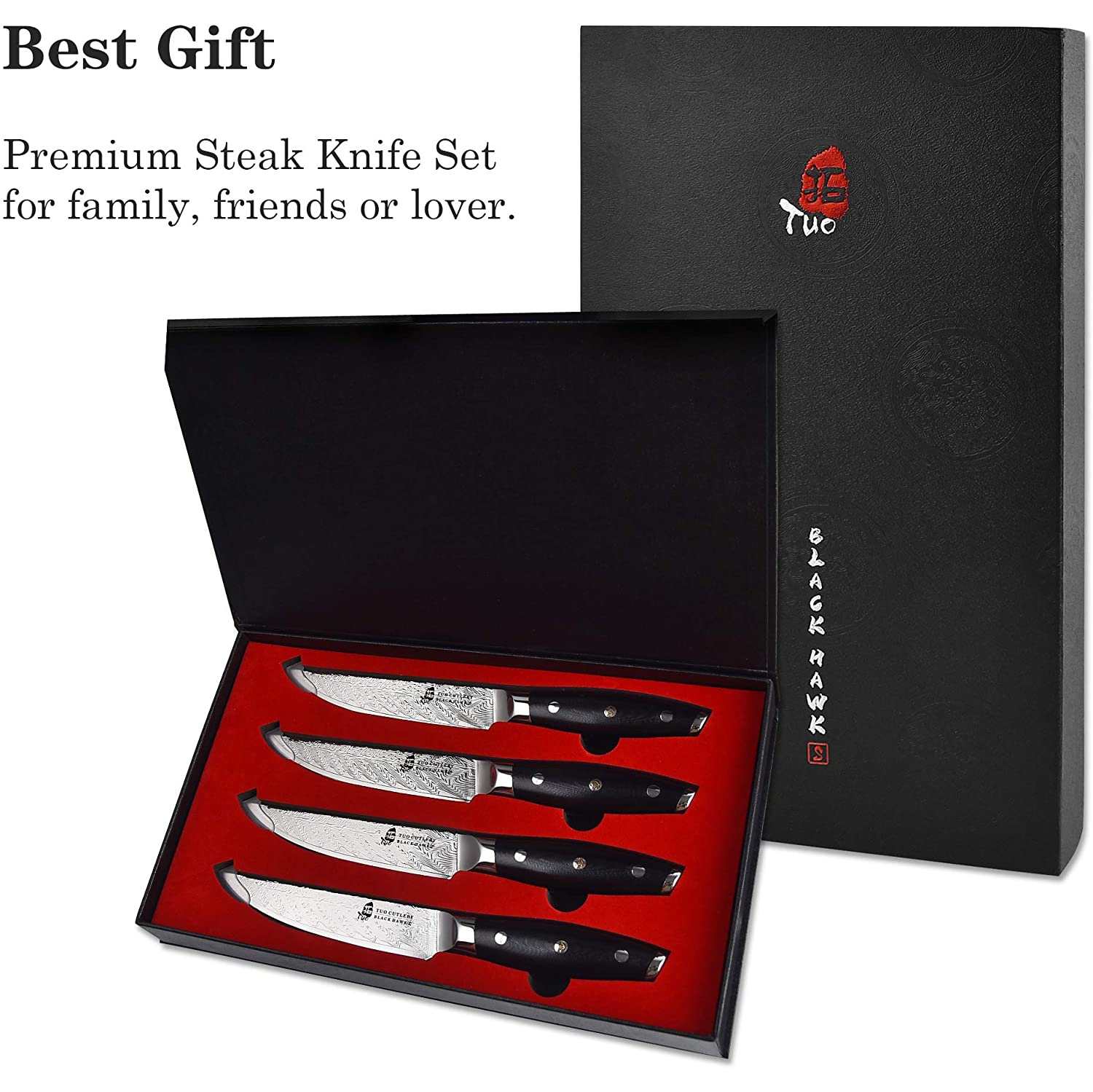 TUO Steak Knife - 5 inch Professional Kitchen Steak Knife Set of 4 - Kitchen Dinner Knives - G10 Full Tang Handle - High End Knife Set - Black Hawk S