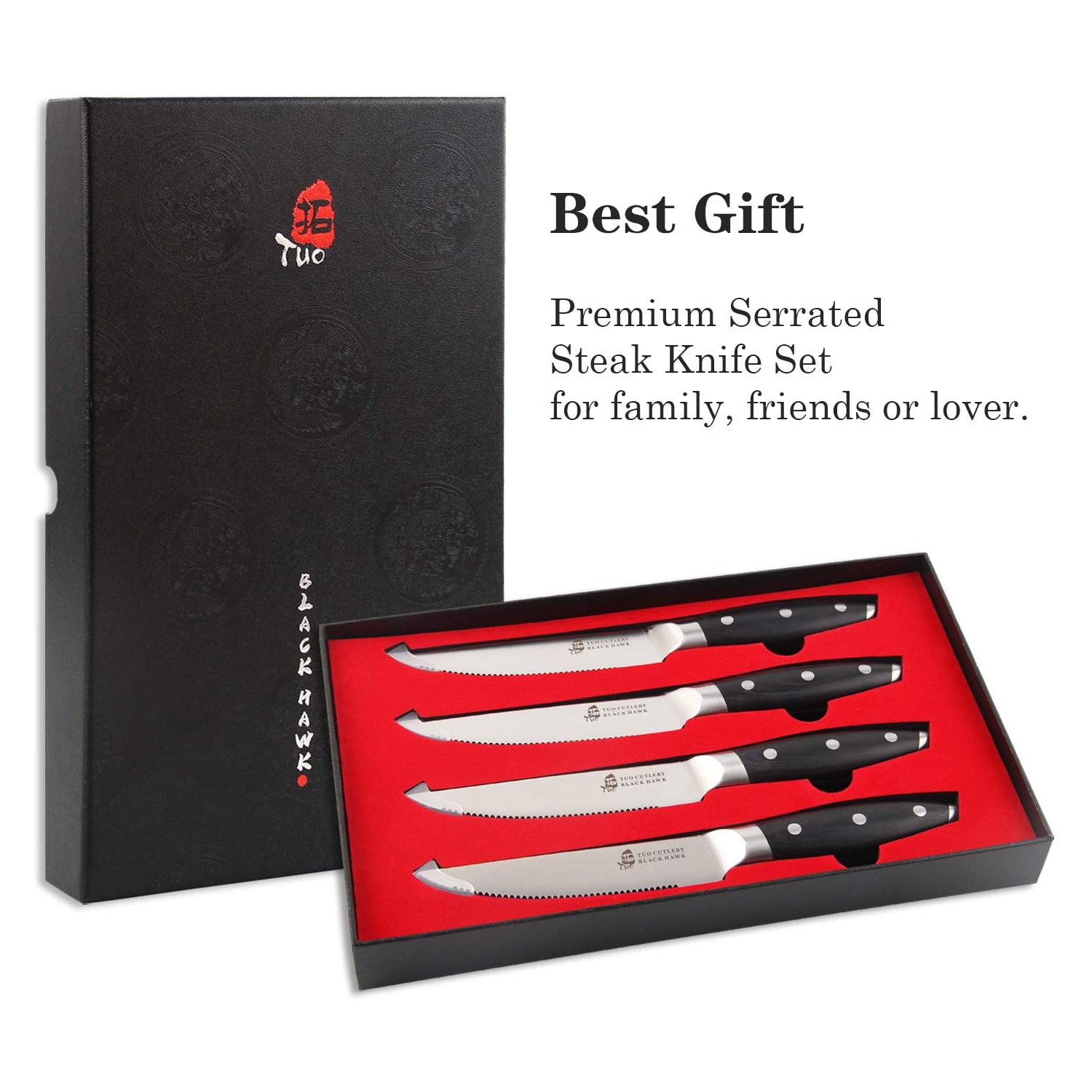 TUO Serrated Steak Knife - 5 inch Professional Kitchen Steak Knife Set 4 - Table Dinner Knife - German HC Stainless Steel Non Slip Pakkawood Handle -