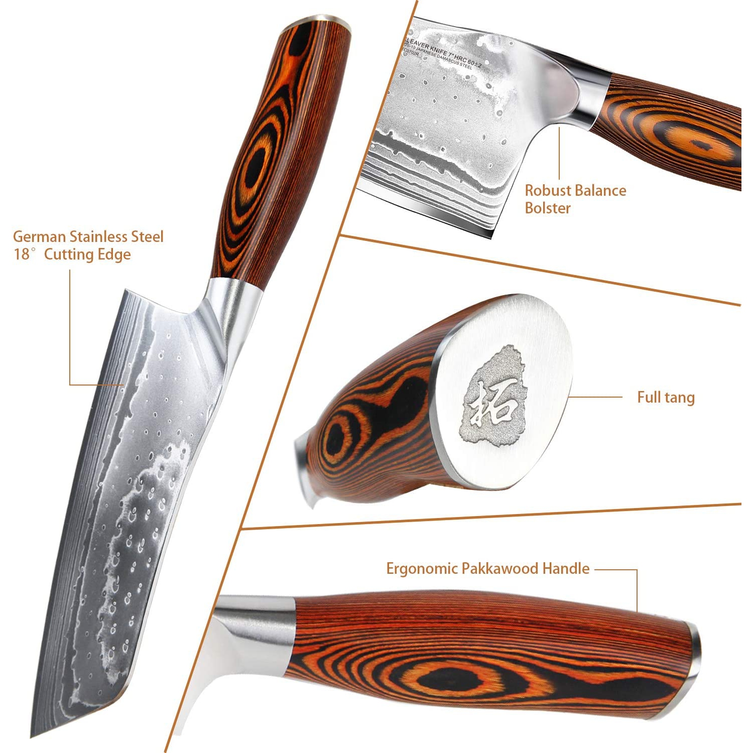 TUO TC0702R Cutlery Cleaver 7'' Knife - Japanese AUS-10 45-Layers Steel Damascus Rose