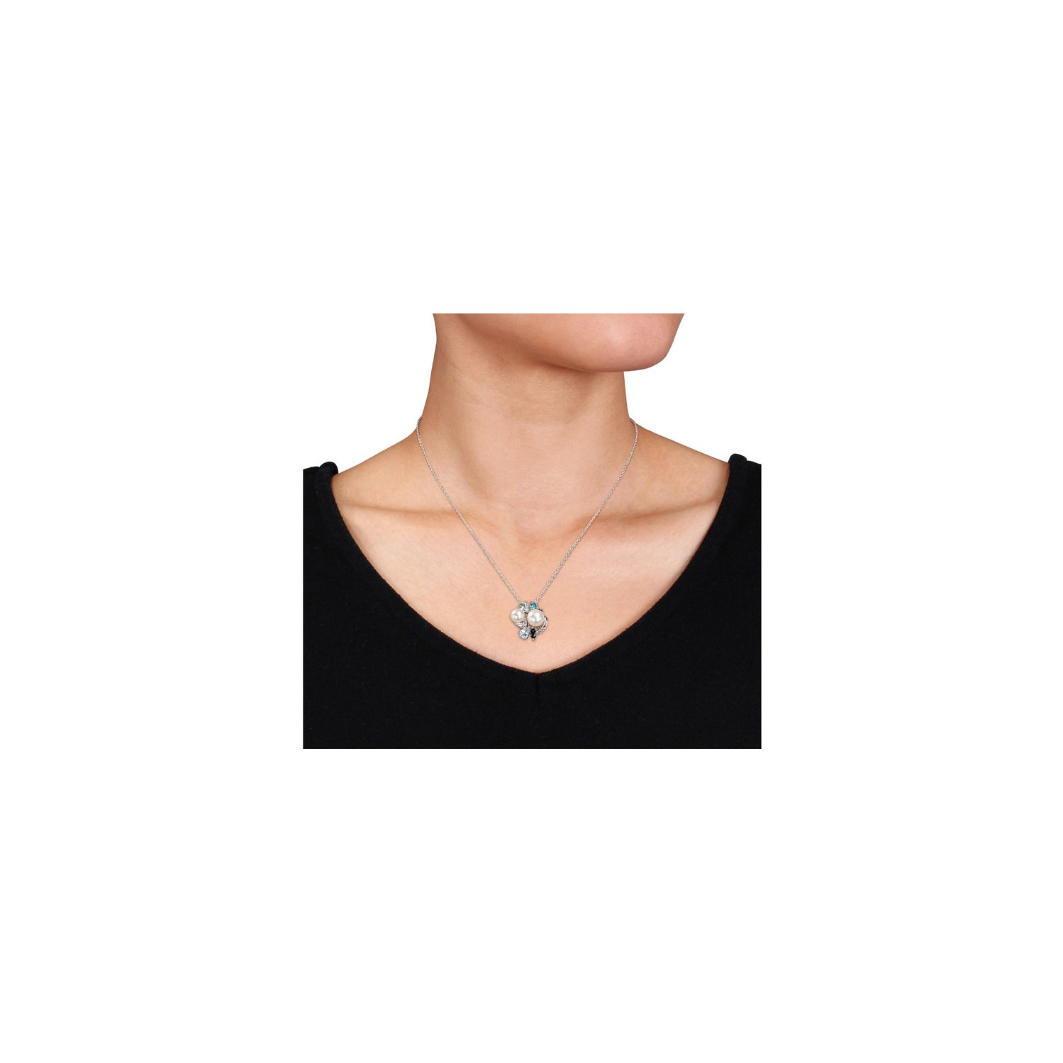Freshwater Cultured Pearl, London, Swiss and Sky Blue Topaz, Created Synthetic White Sapphire Cluster Pendant Necklace Sterling Silver