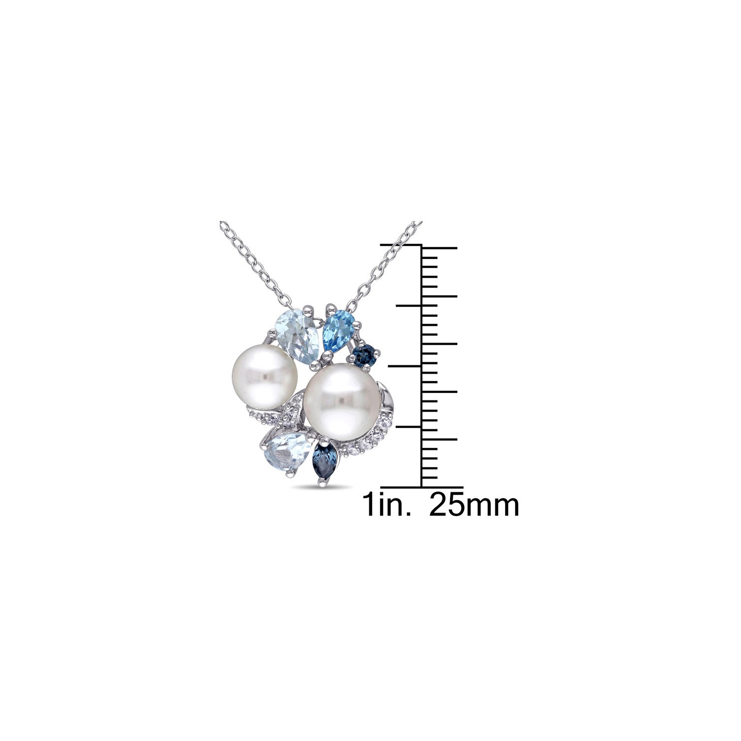 Freshwater Cultured Pearl, London, Swiss and Sky Blue Topaz, Created Synthetic White Sapphire Cluster Pendant Necklace Sterling Silver