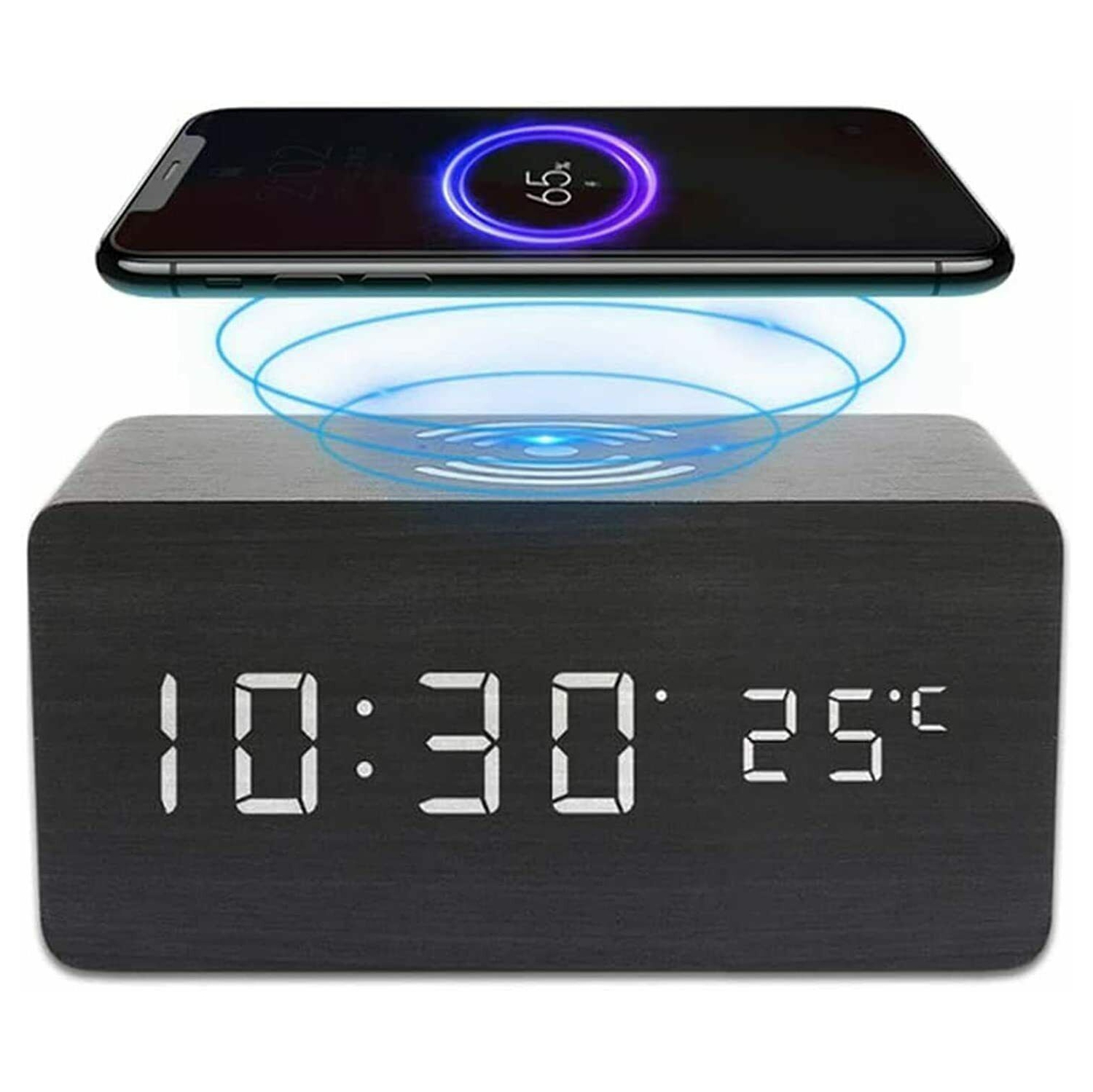 Alarm Clock With Wireless Charging Wooden Digital Bedroom Wood Electric LED CA