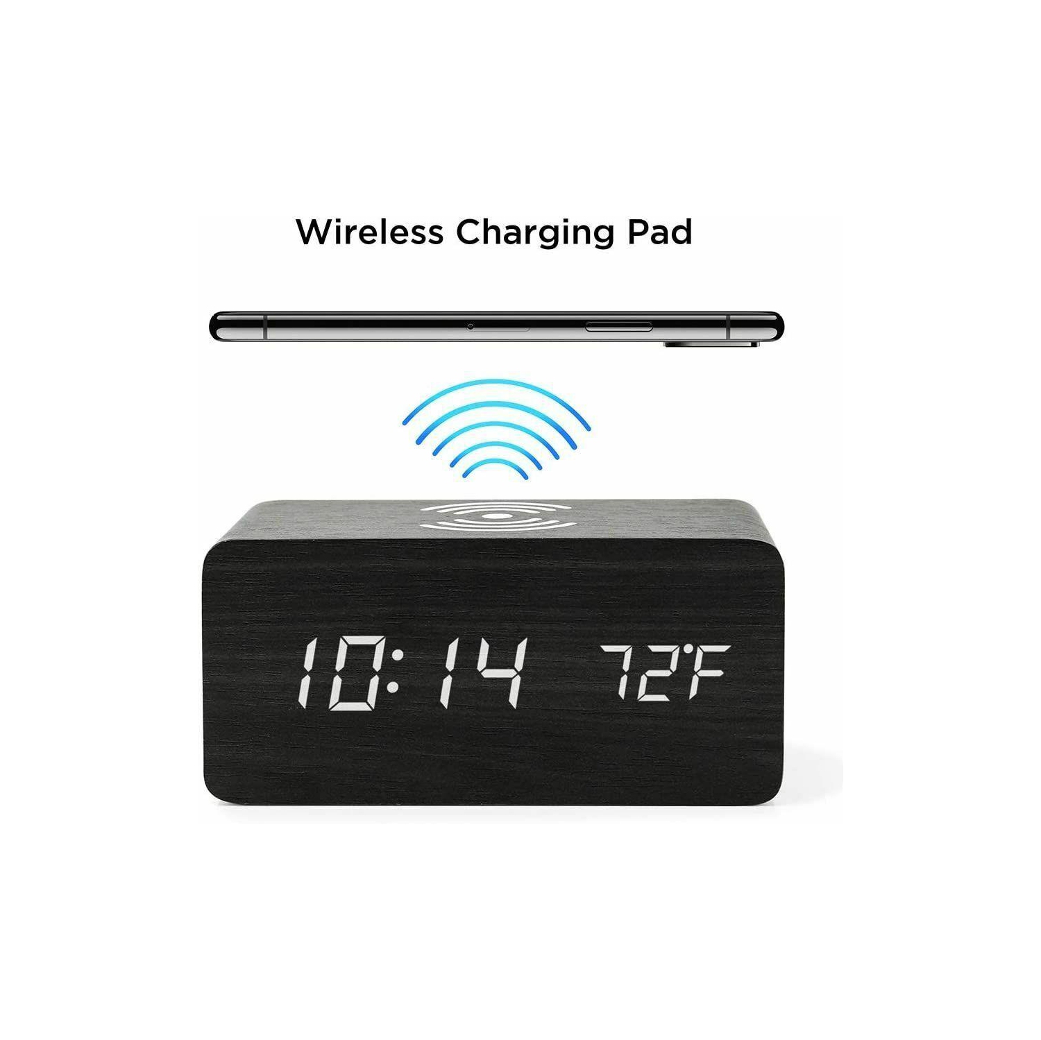 Alarm Clock With Wireless Charging Wooden Digital Bedroom Wood Electric LED CA