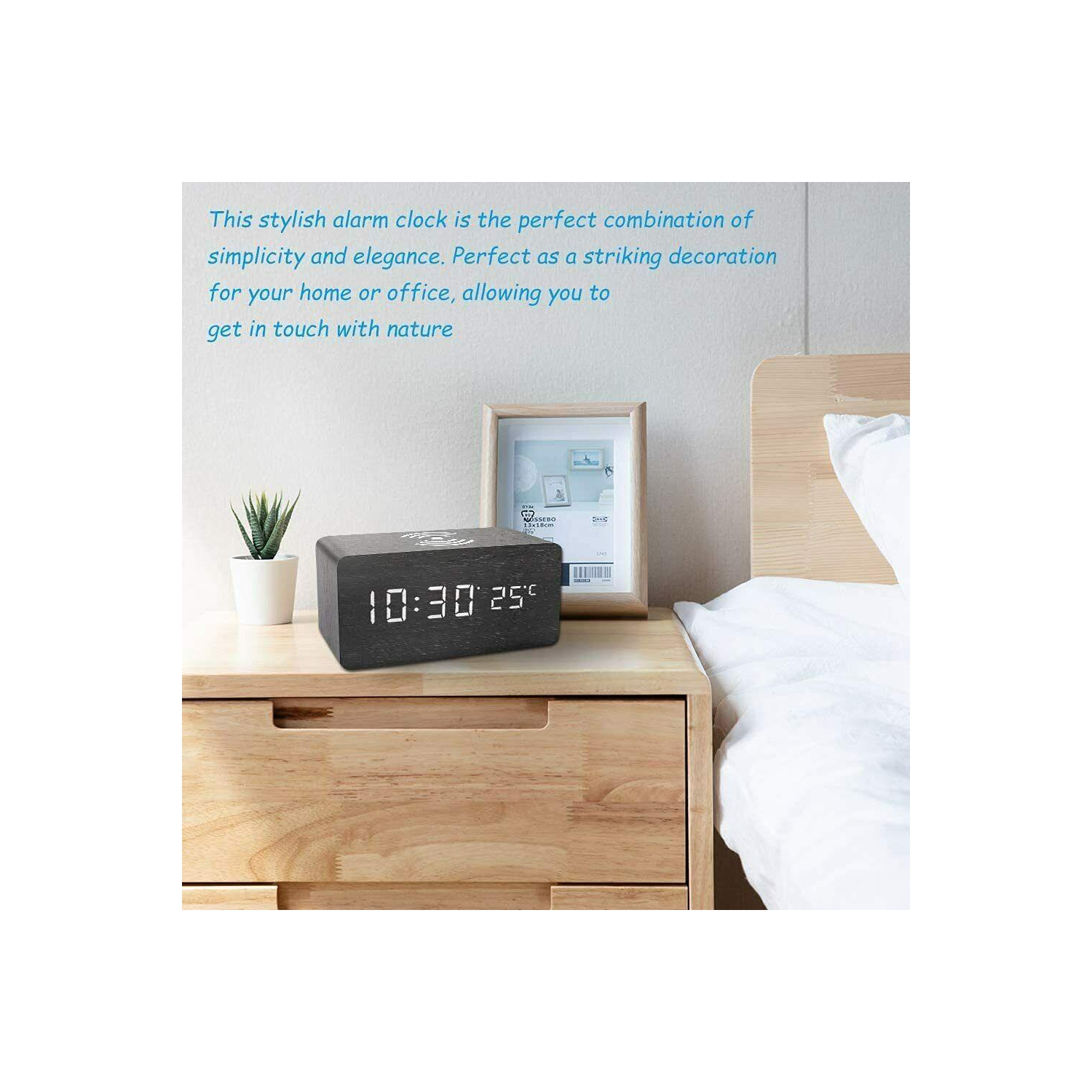 Alarm Clock With Wireless Charging Wooden Digital Bedroom Wood Electric LED CA