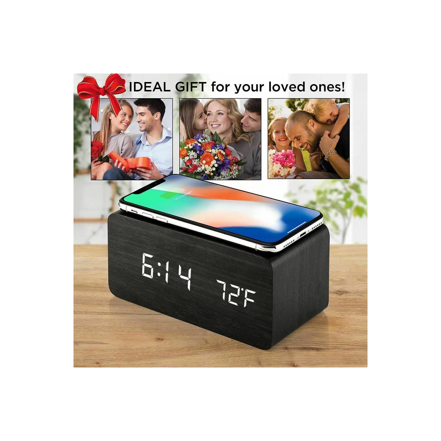 Alarm Clock With Wireless Charging Wooden Digital Bedroom Wood Electric LED CA