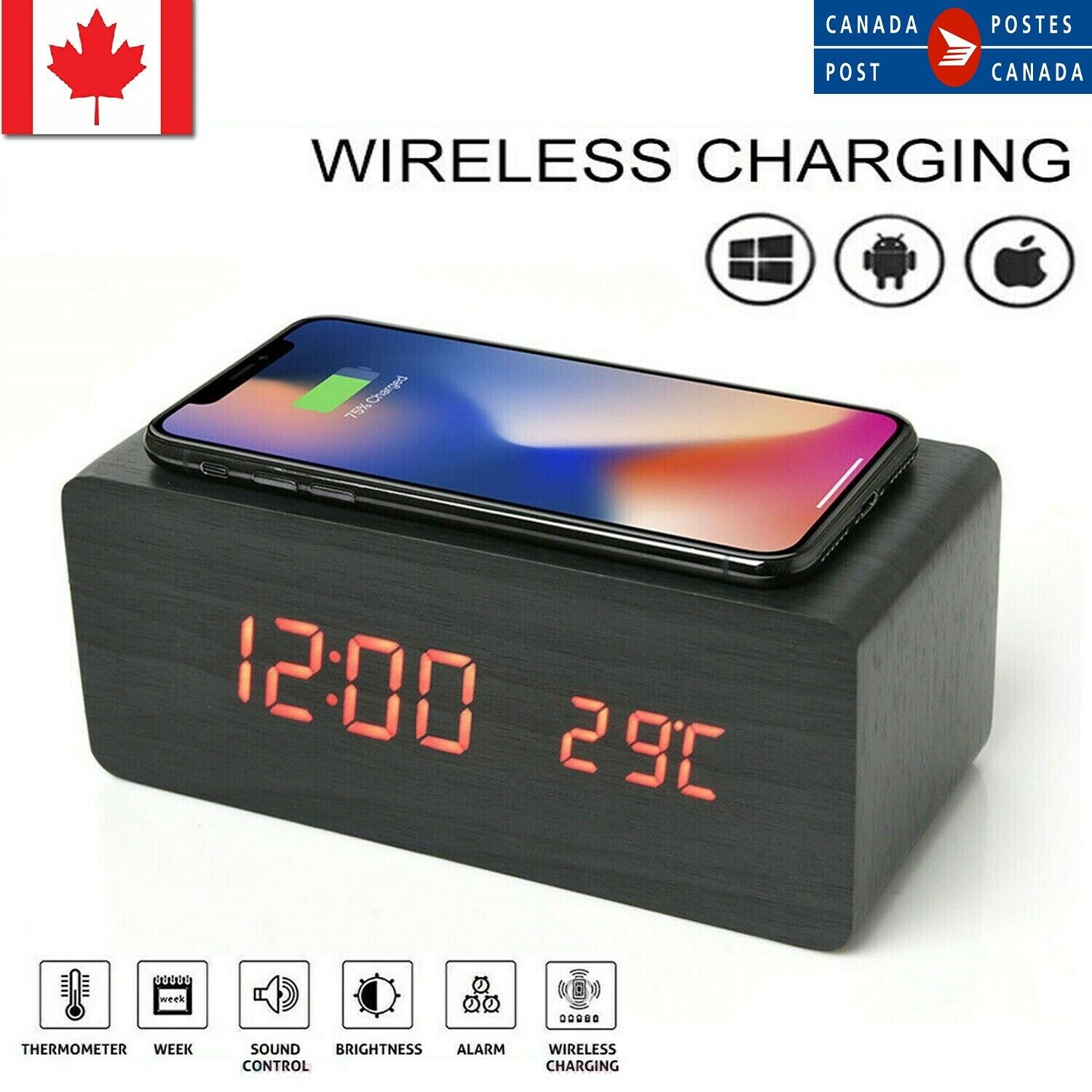 Alarm Clock With Wireless Charging Wooden Digital Bedroom Wood Electric LED CA
