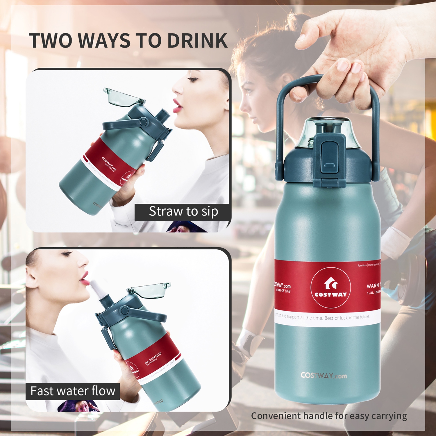 Costway 44oz Vacuum Insulated Stainless Steel Sports Water Bottle Leakproof Flask